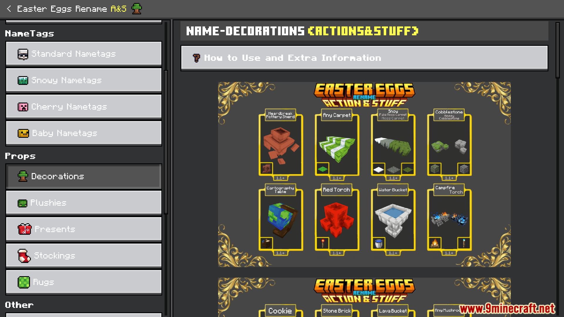Easter Eggs Rename Ans Texture Pack Screenshot 5 Interactive Easter Eggs Rename menu showing name decorations and various prop categories