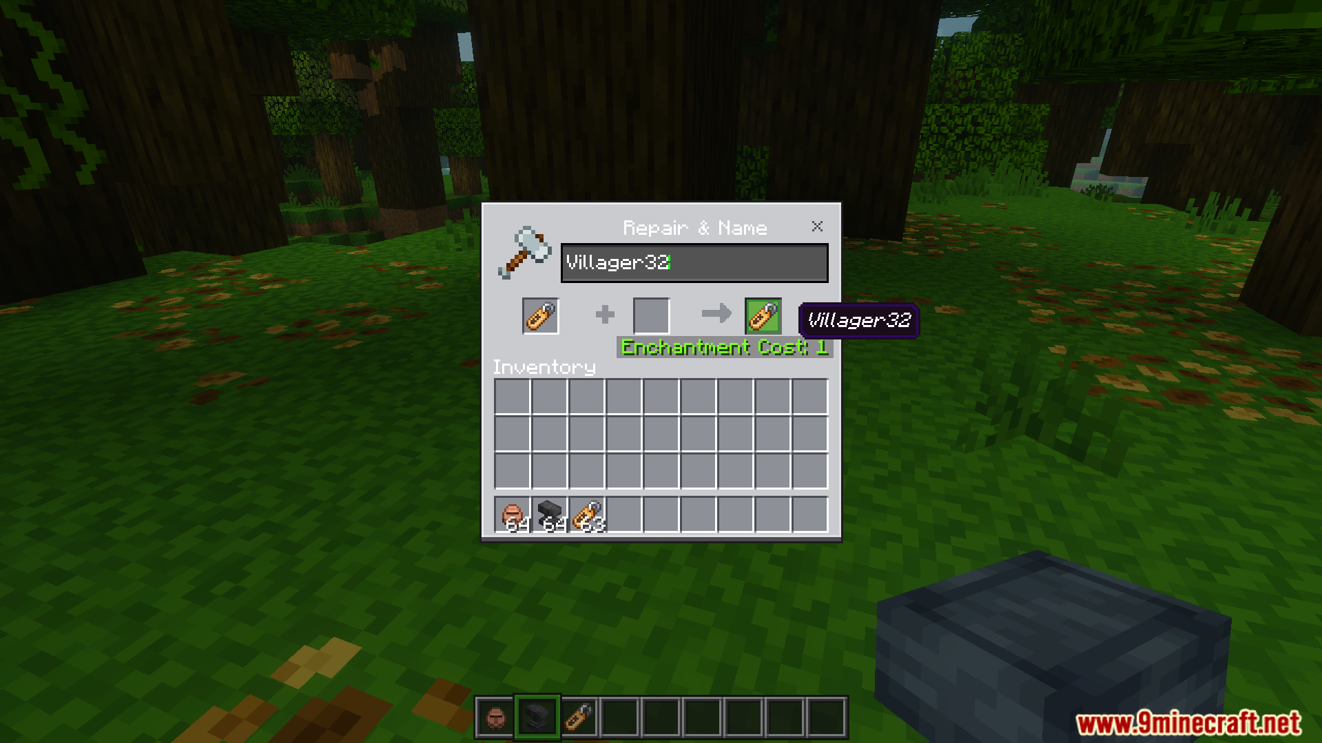 Easter Eggs Rename Ans Texture Pack Screenshot 6 Player renaming a nametag using an anvil interface inside a dense forest biome
