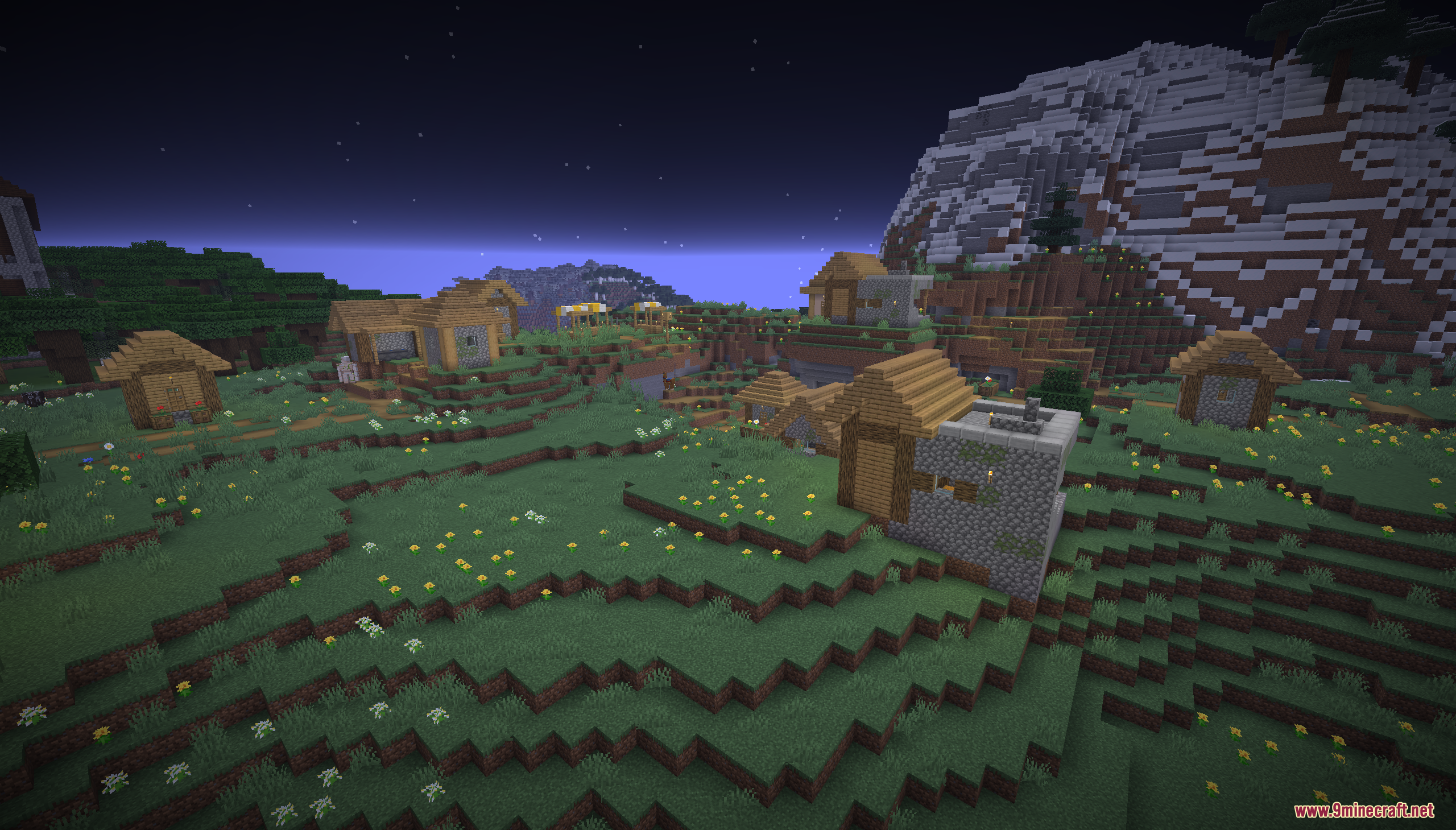 Easy Speed Run Map Screenshot 1 A peaceful village with wooden houses near a large snowy mountain at night