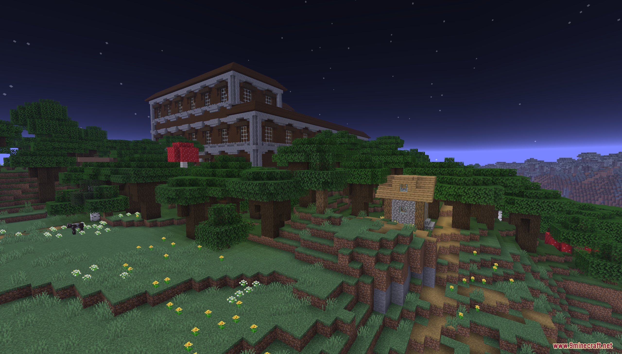 Easy Speed Run Map Screenshot 10 A woodland mansion overlooks a small village house under a starry night sky