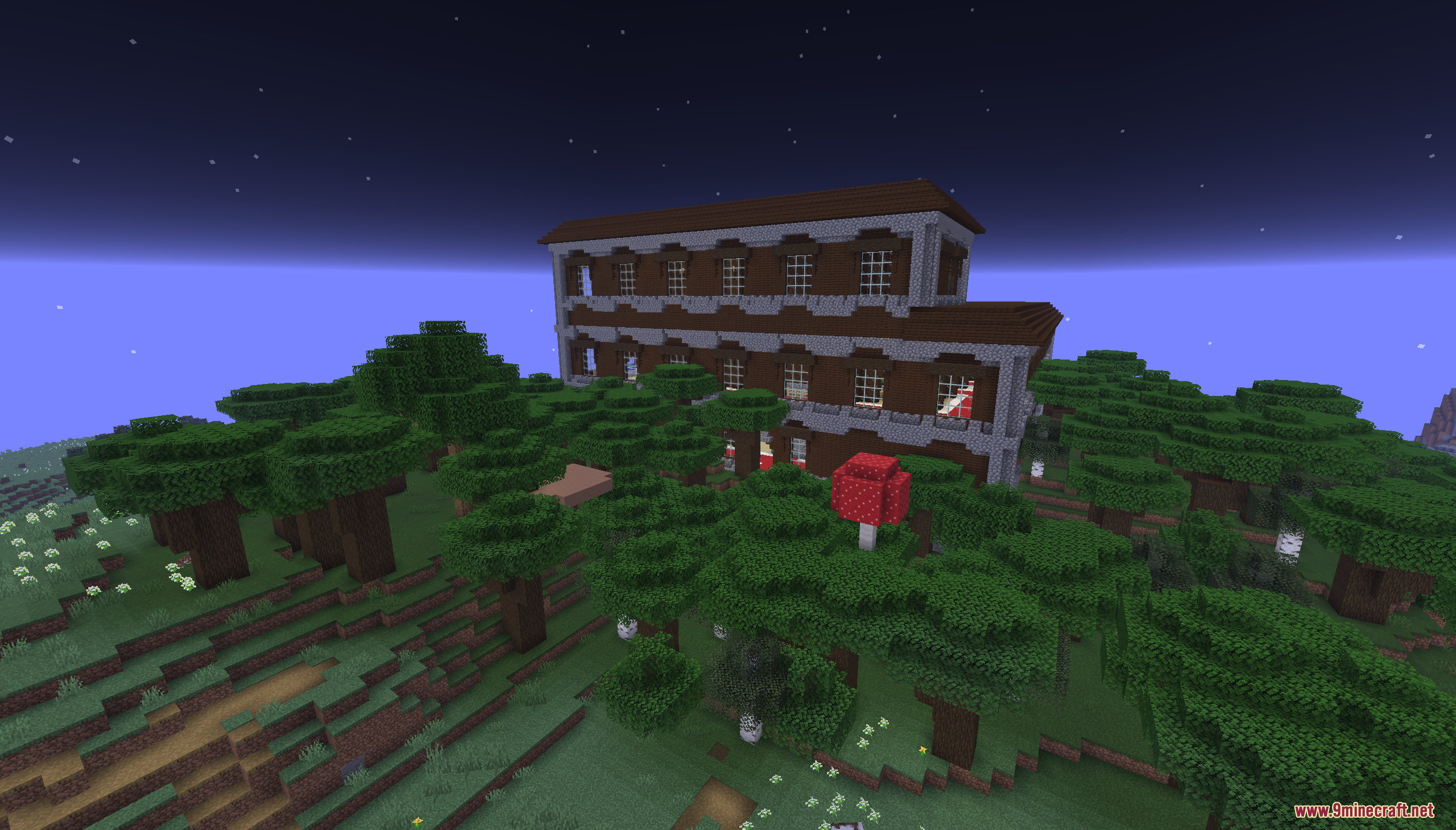 Easy Speed Run Map Screenshot 2 A massive woodland mansion structure surrounded by dark oak trees and red mushrooms