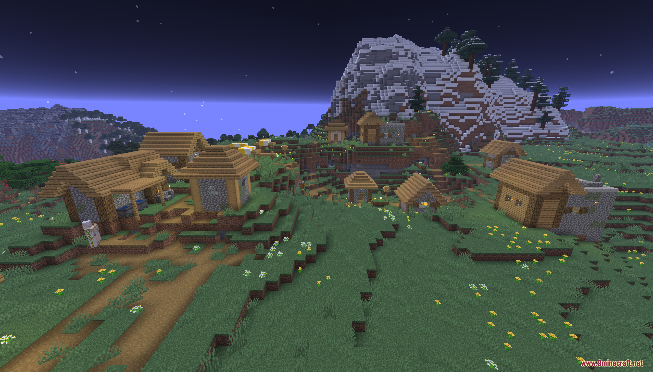 Easy Speed Run Map Screenshot 3 A peaceful Minecraft village at night with a large snowy mountain behind it