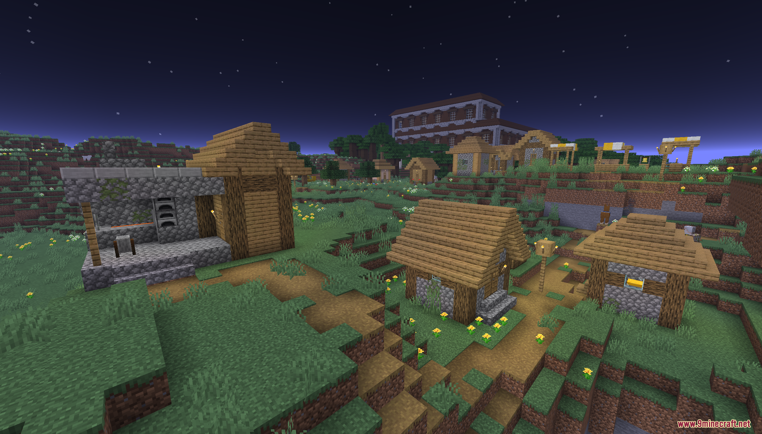 Easy Speed Run Map Screenshot 5 A peaceful Minecraft village at night with a large mansion in the background