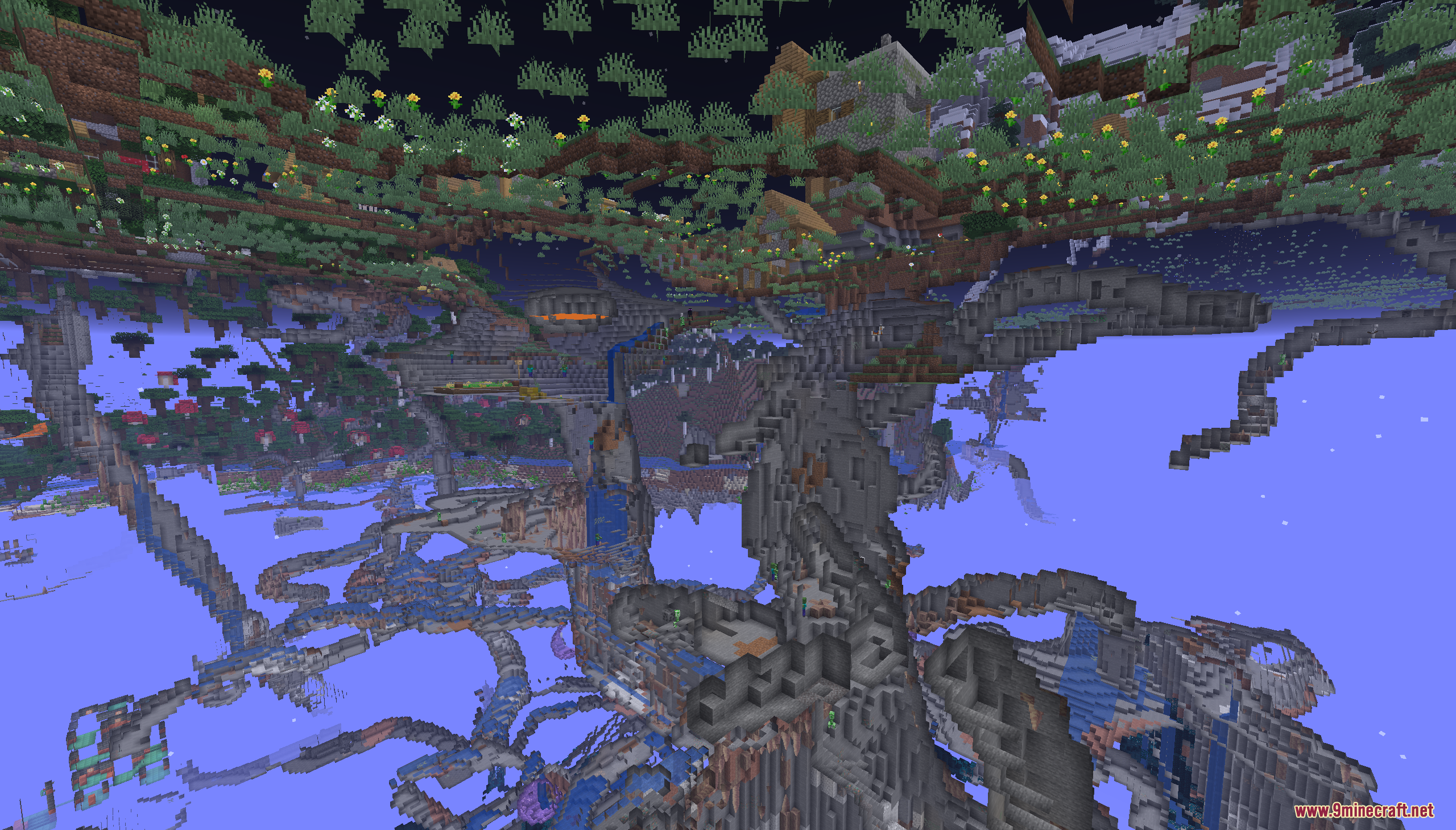 Easy Speed Run Map Screenshot 7 A wide view of floating terrain and caves in a custom generated dimension