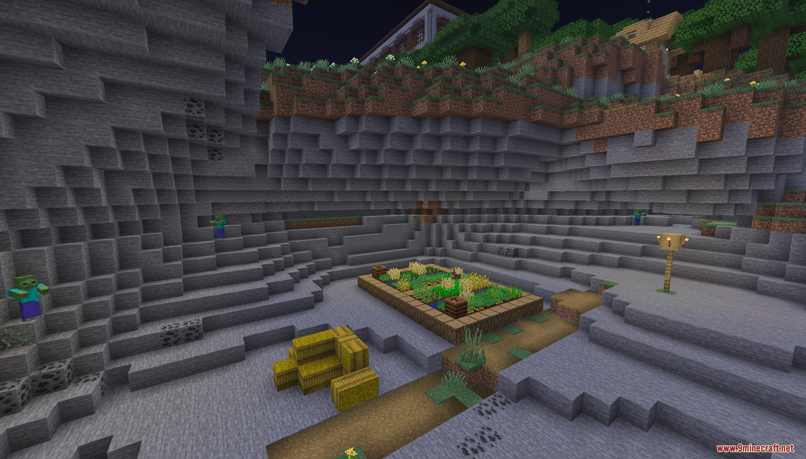 Easy Speed Run Map Screenshot 8 A small wheat farm and hay bales located inside a stone cave area