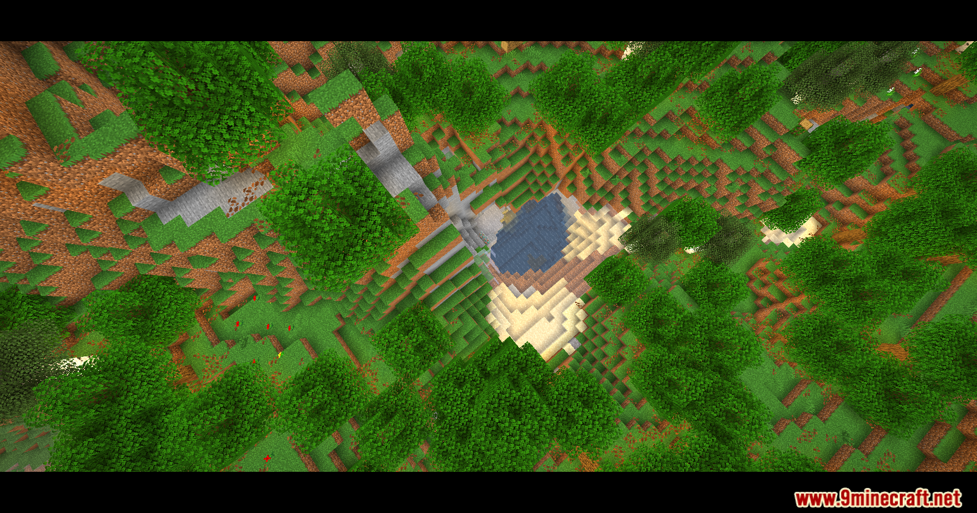An aerial view of a forest surrounding a small pond with cinematic bars