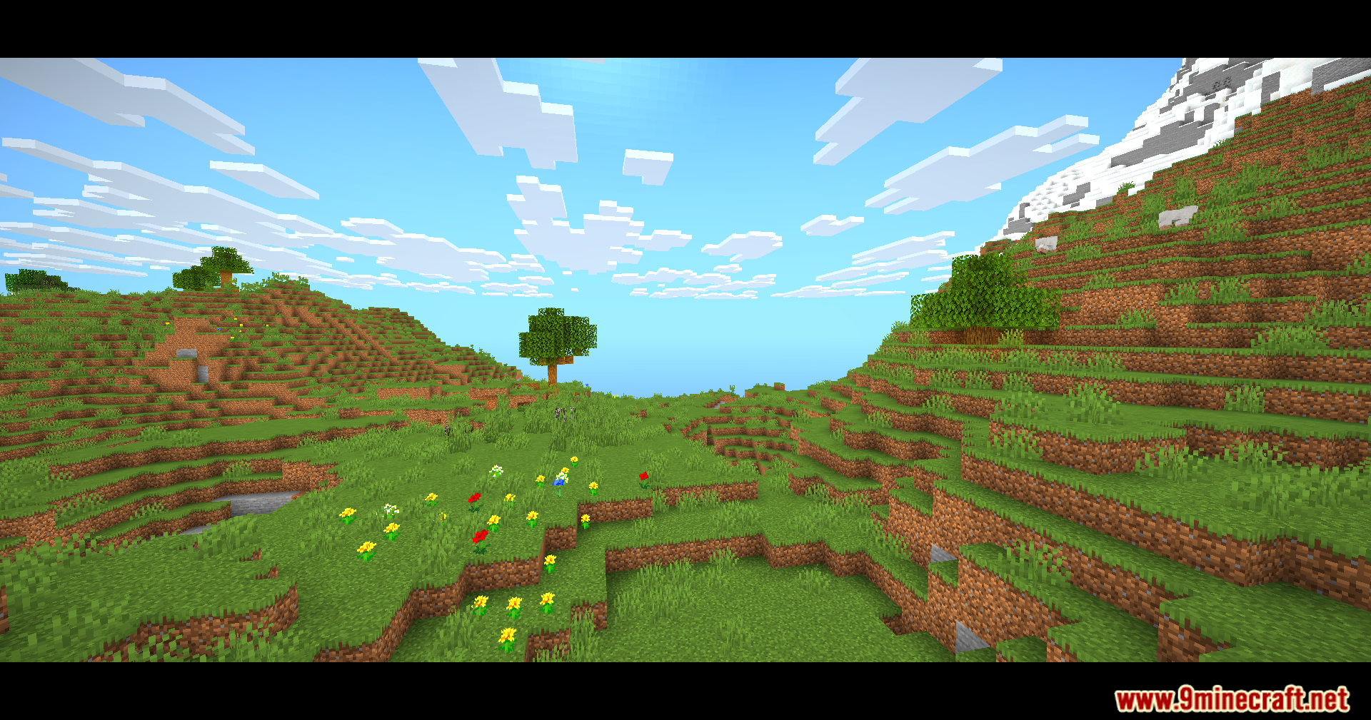 A scenic Minecraft landscape featuring grassy hills and cinematic black bars