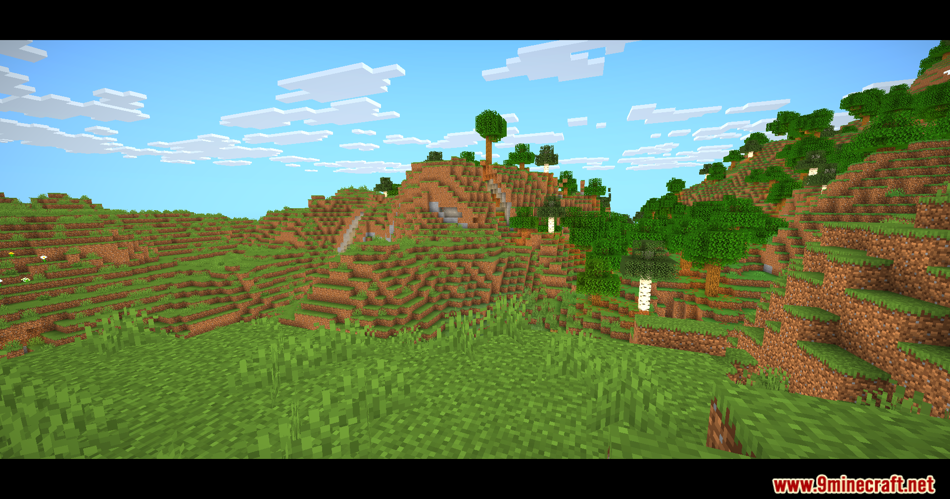 Eclipse Lite Cinematic Shaders displaying a hilly landscape with wide black bars