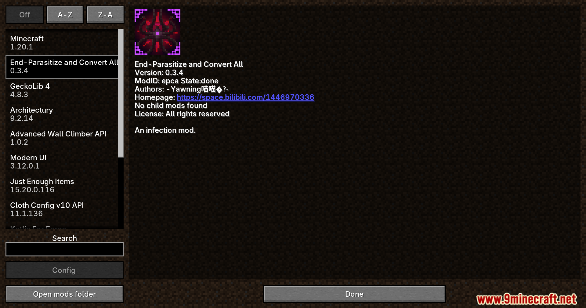 End-Parasitize and Convert All Mod Screenshot 1 Minecraft mod list showing details for the End Parasitize and Convert All mod