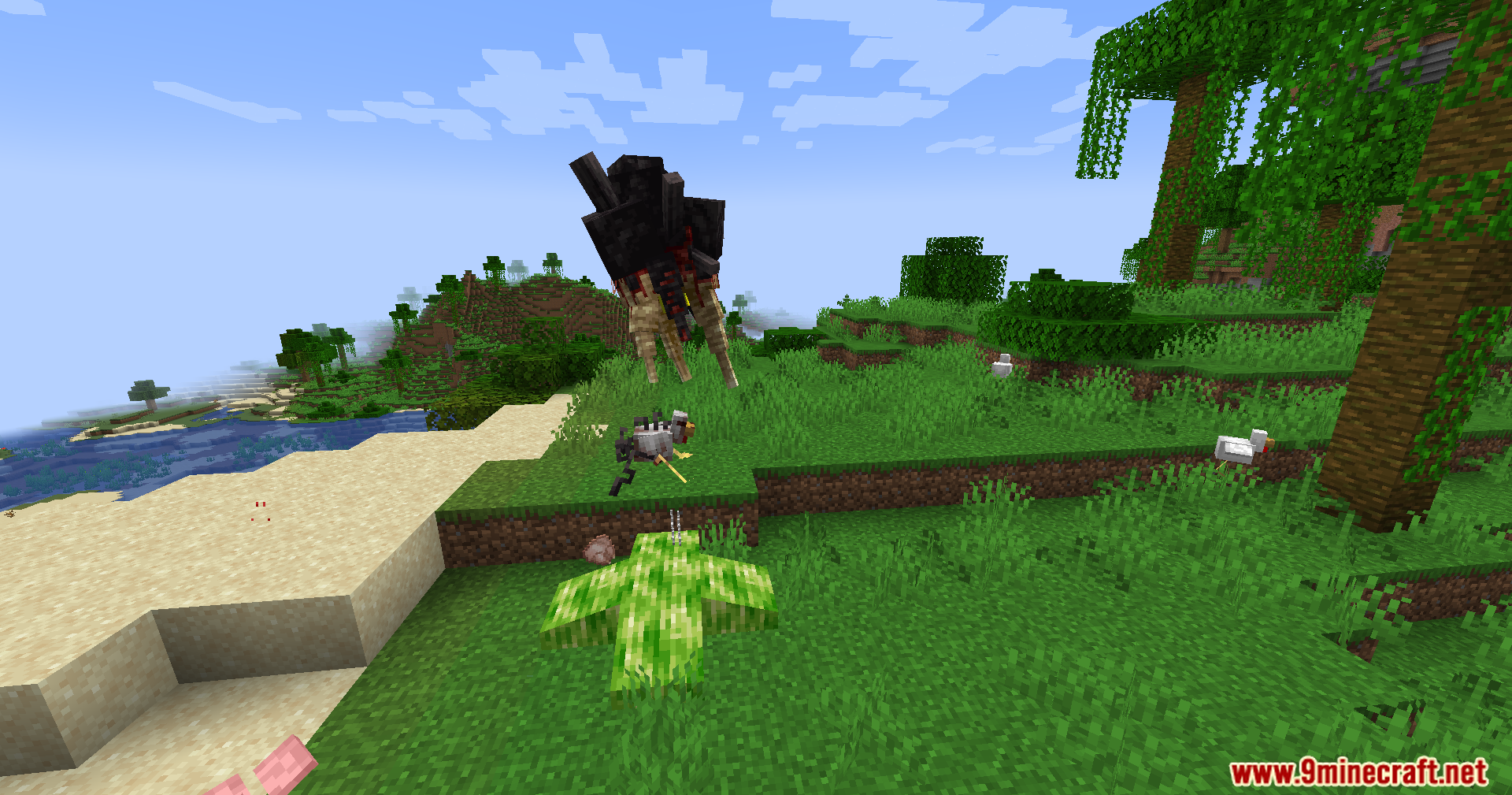 End-Parasitize and Convert All Mod Screenshot 18 A large dark monster and infected chicken stand near a green infected block