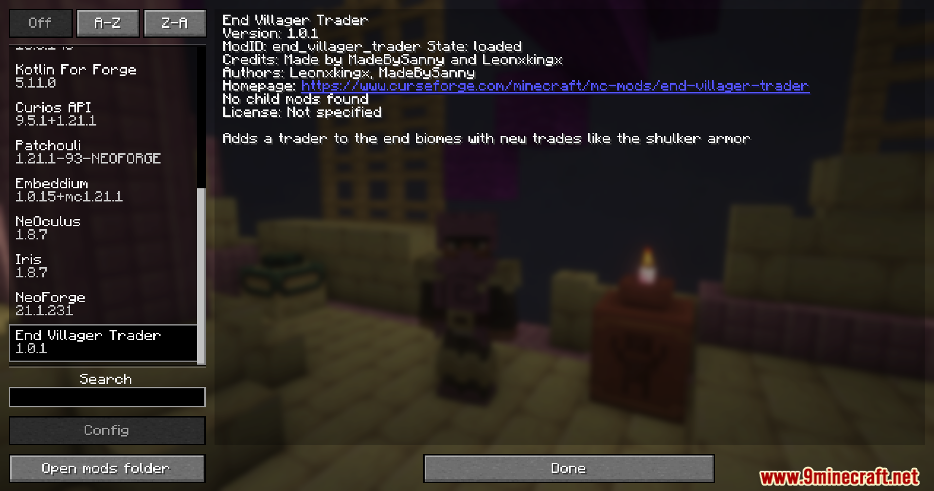 End Villager Trader Mod Screenshot 1 Minecraft mod menu screen displaying information about the End Villager Trader