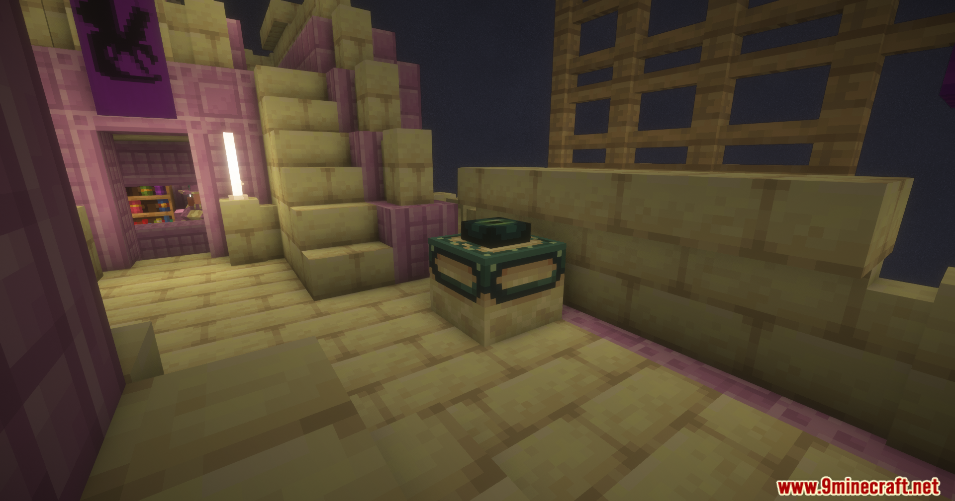 End Villager Trader Mod Screenshot 10 The Shulkerblock Workstation placed near a staircase with a purple dragon banner