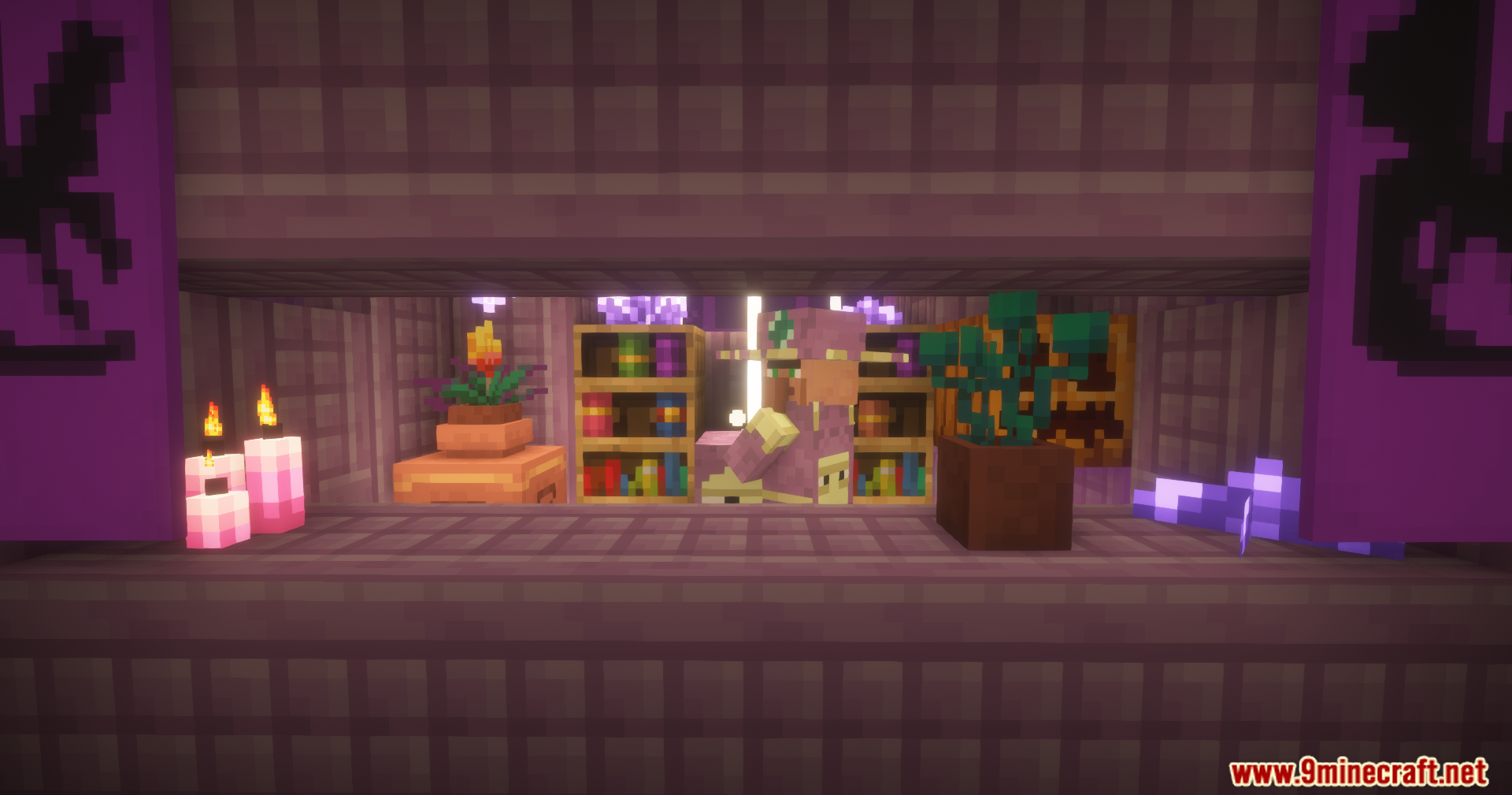 End Villager Trader Mod Screenshot 11 A villager merchant standing behind a counter in a room with purple banners