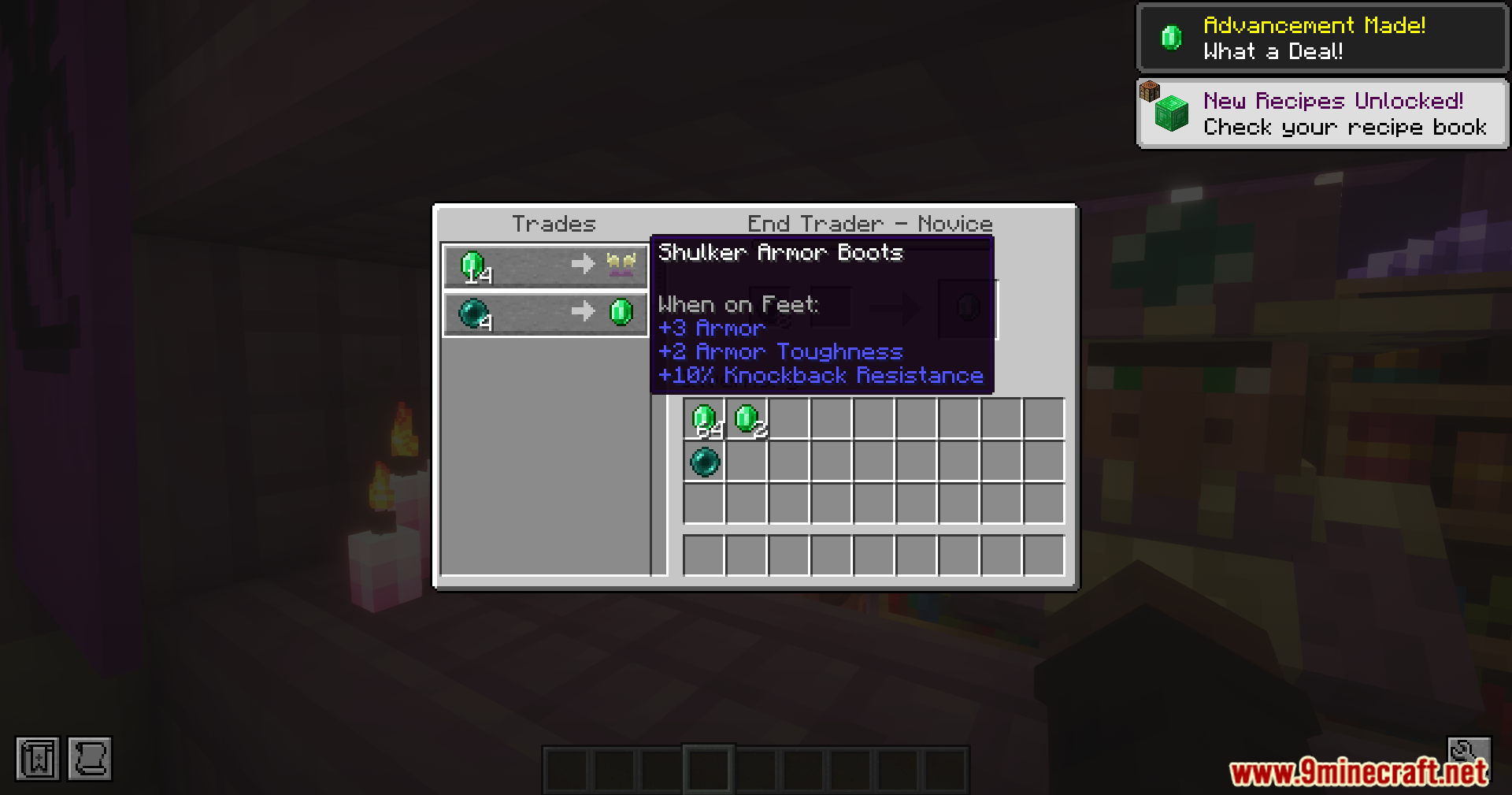 End Villager Trader Mod Screenshot 12 Trading interface showing Shulker Armor Boots for sale by an End Trader