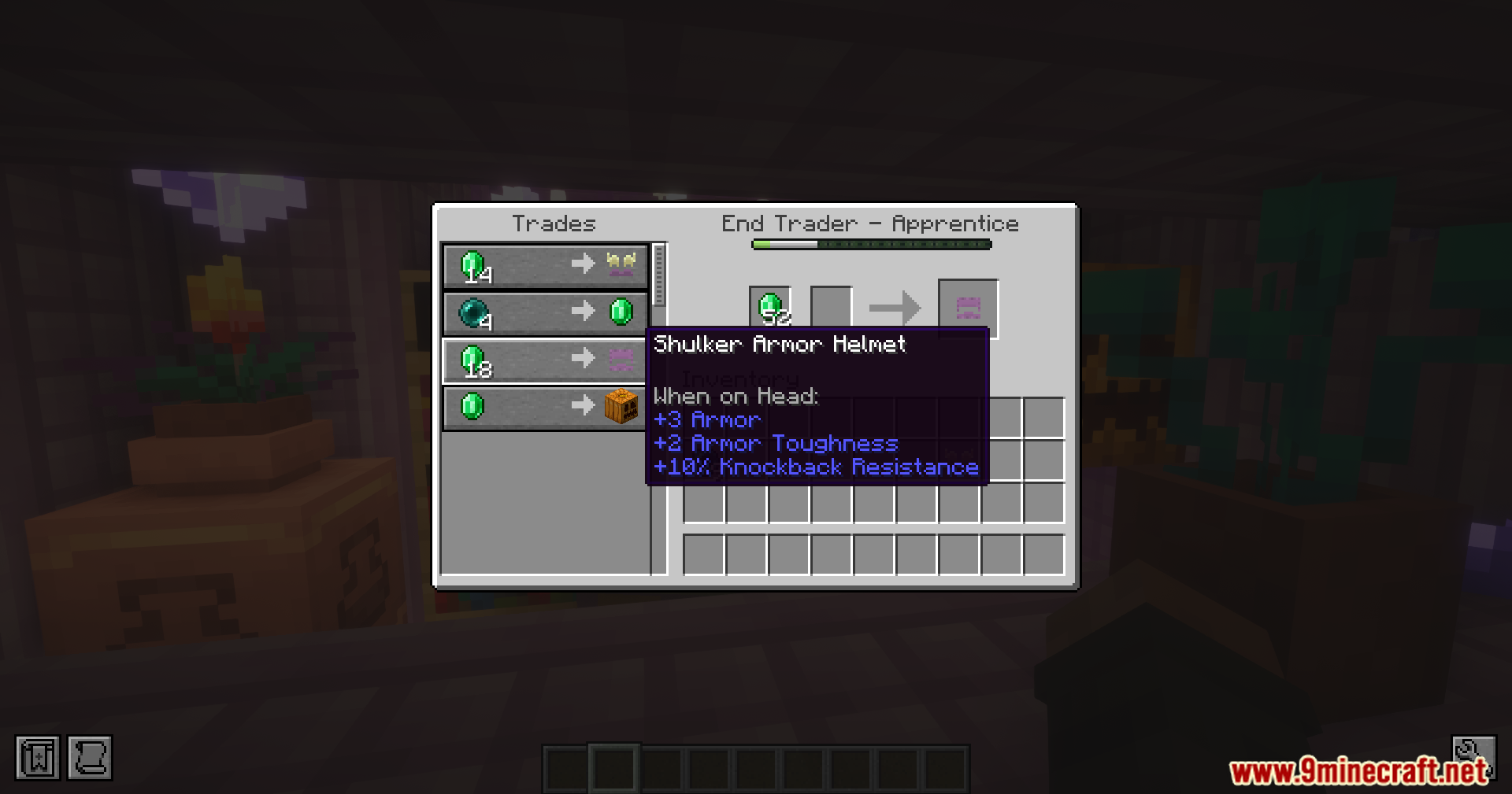 End Villager Trader Mod Screenshot 13 A player trades emeralds for a Shulker Armor Helmet with an apprentice