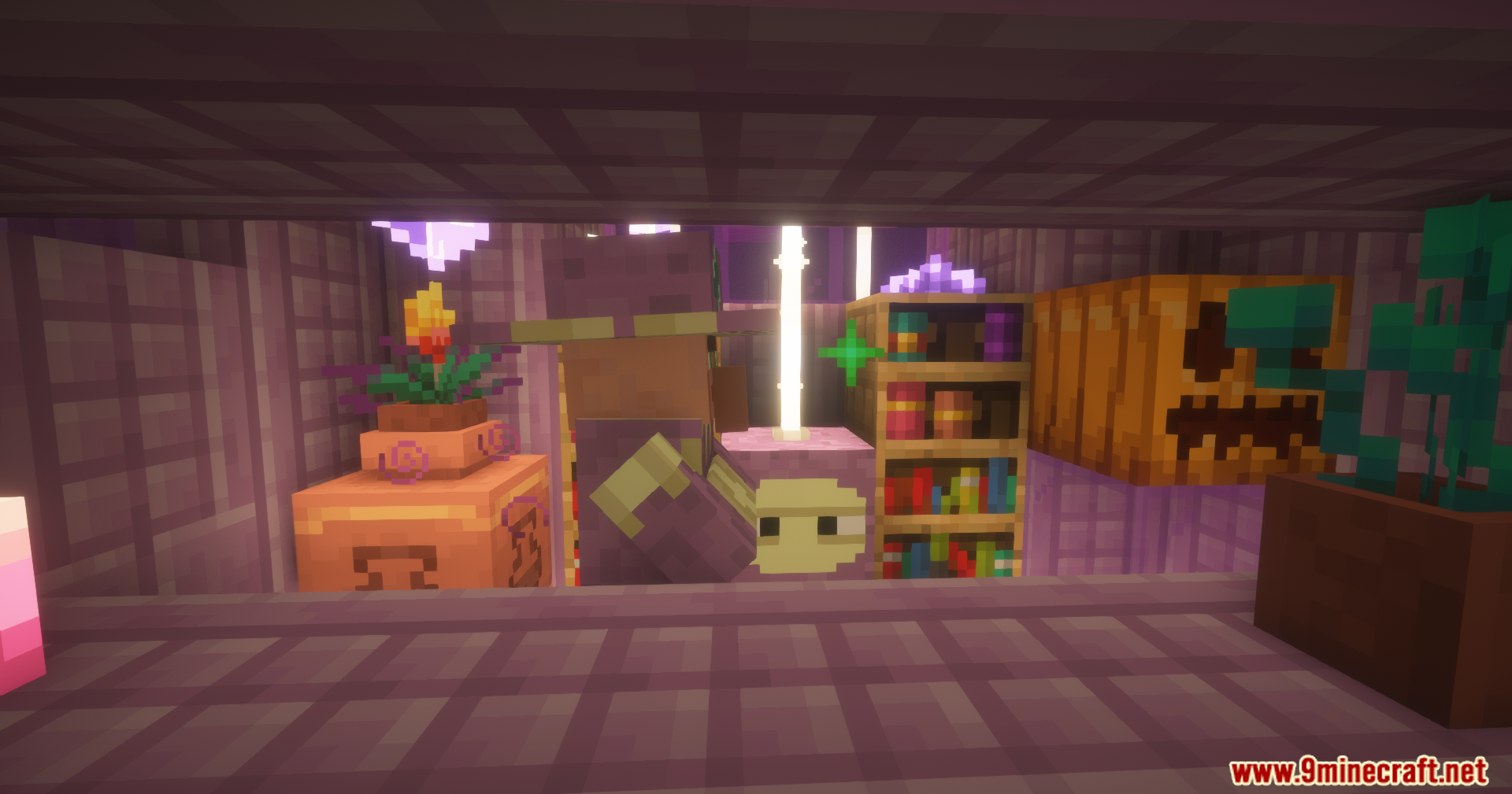 End Villager Trader Mod Screenshot 14 An End Trader villager stands near a Shulkerblock Workstation in a room