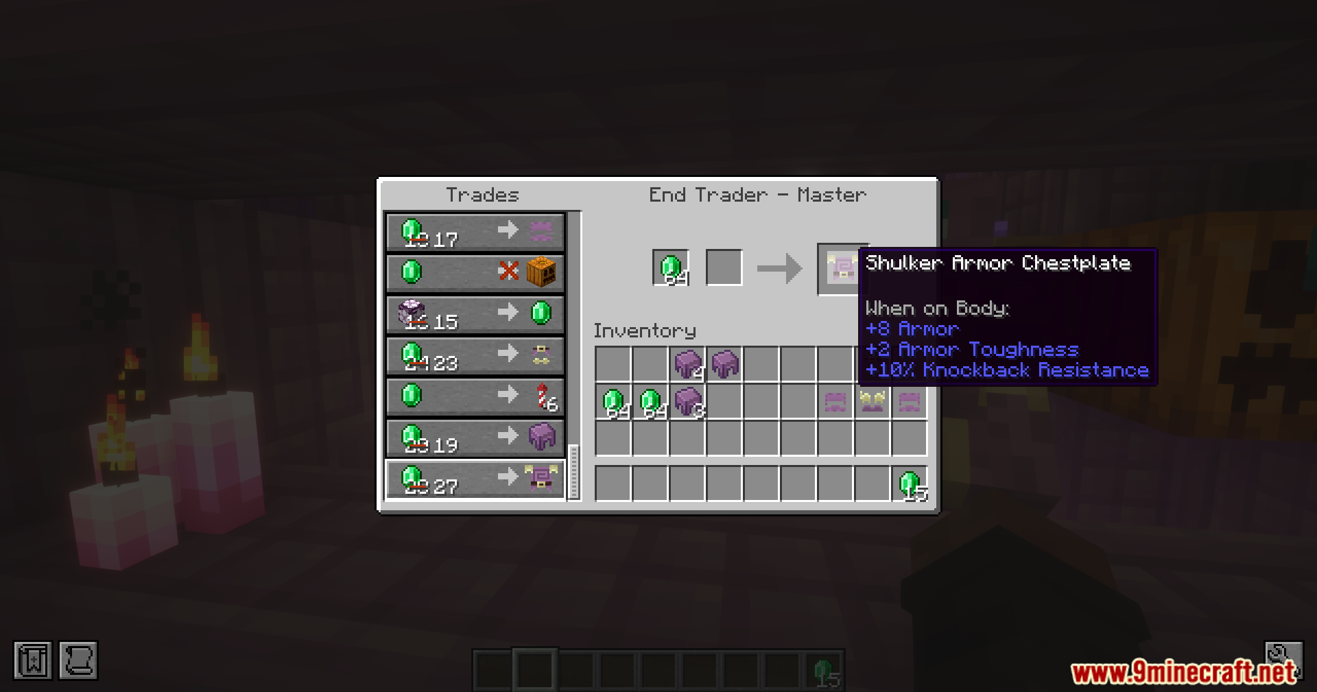 End Villager Trader Mod Screenshot 15 Trading emeralds for a Shulker Armor Chestplate with a master level End Trader