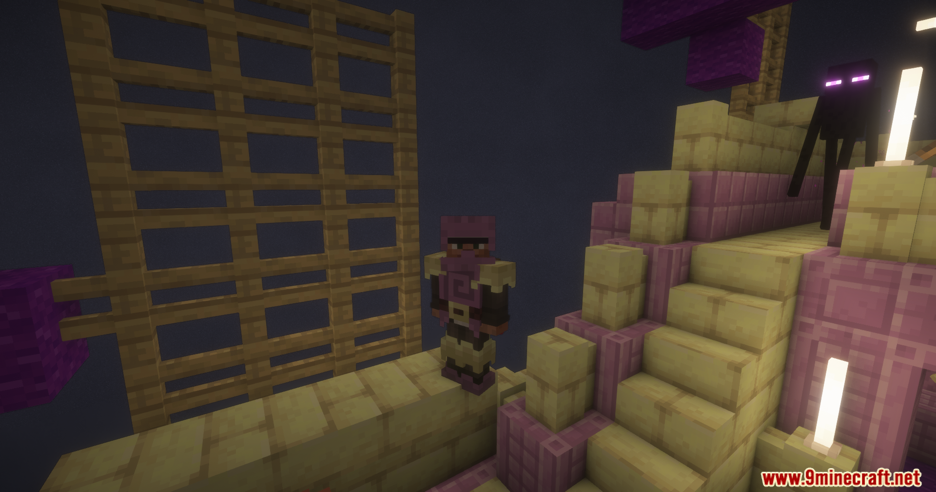 End Villager Trader Mod Screenshot 18 Player in Shulker Armor stands near an Enderman on a floating End ship