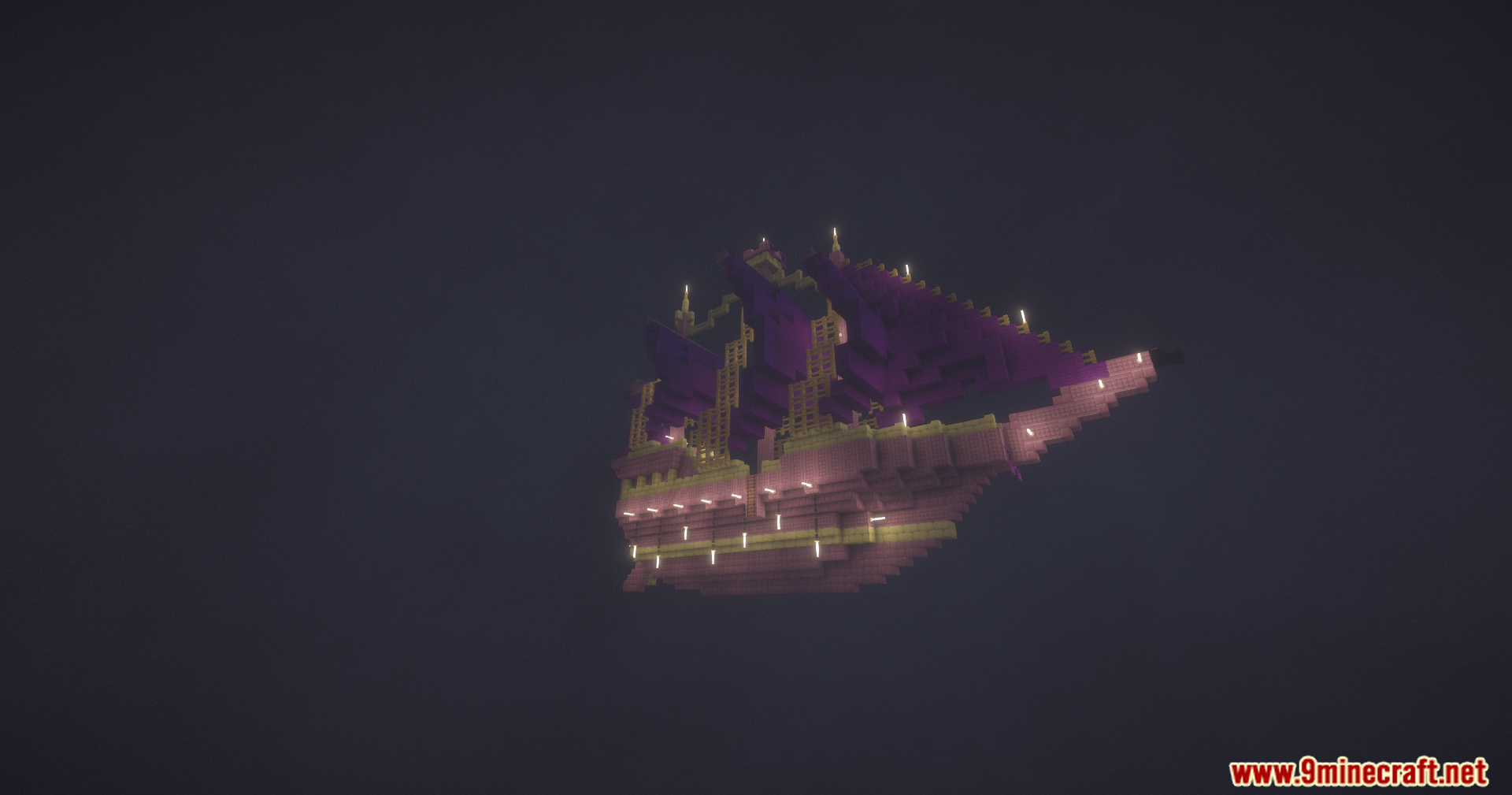End Villager Trader Mod Screenshot 2 A large purple and yellow flying ship floating in the End sky