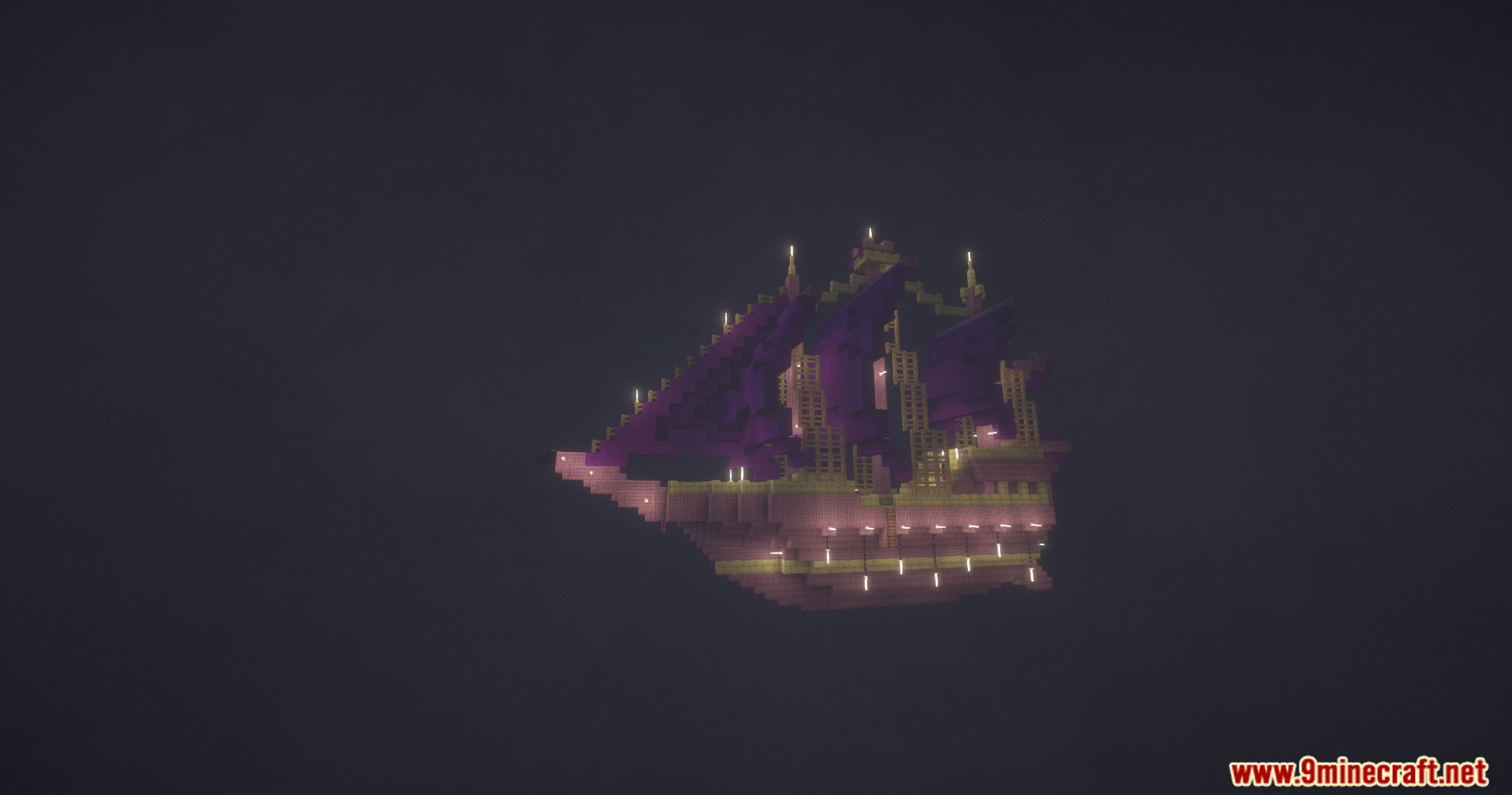 End Villager Trader Mod Screenshot 3 A purple and yellow flying ship floating in the dark End dimension