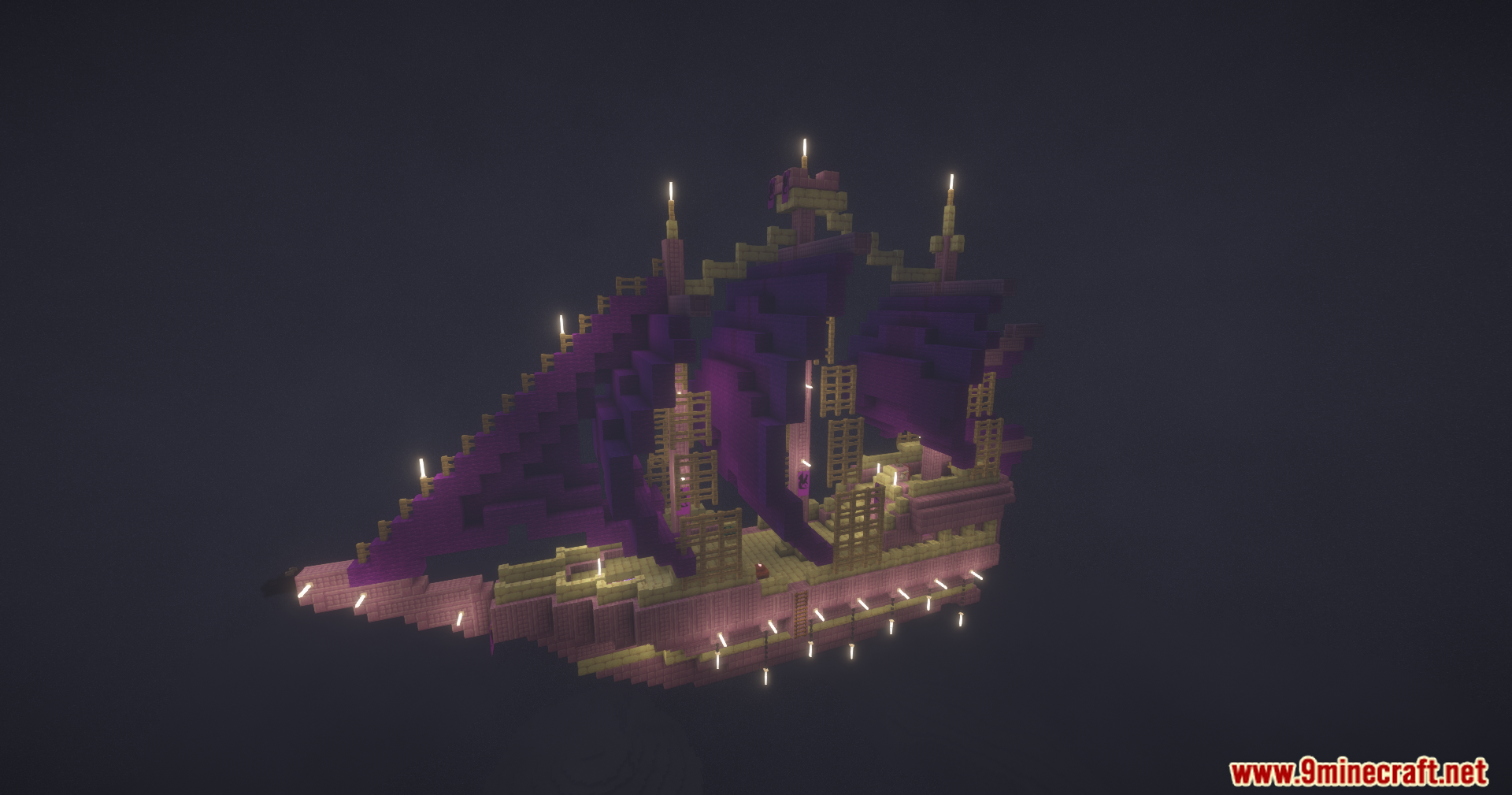 End Villager Trader Mod Screenshot 4 A perspective view of a purple flying ship with sails and glowing lights