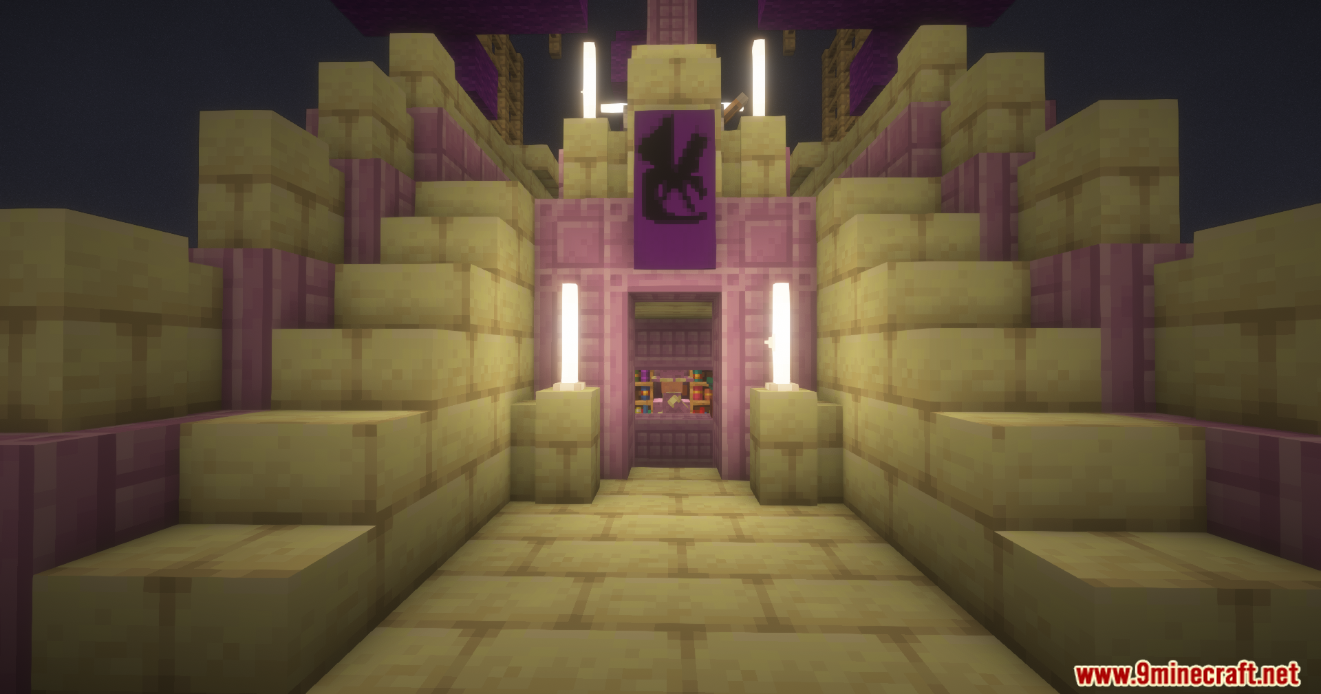 End Villager Trader Mod Screenshot 5 The entrance to a floating ship in the End with dragon banners