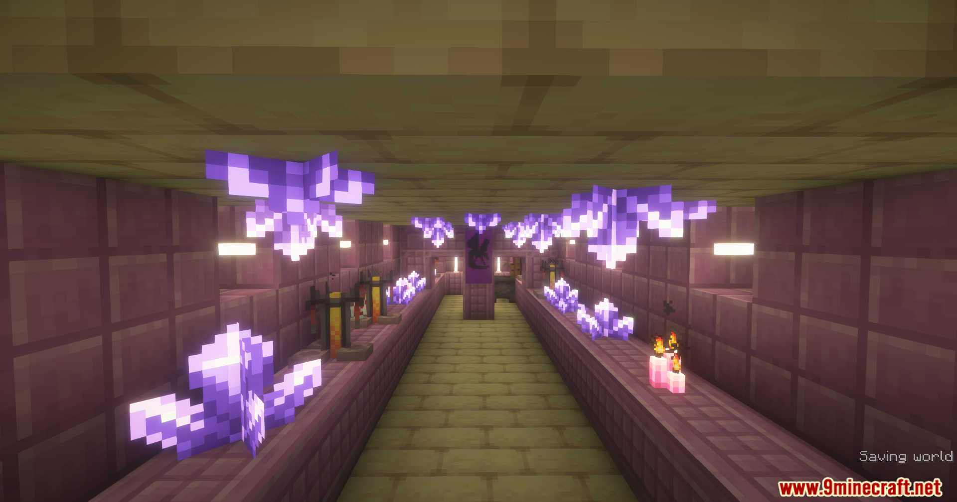 End Villager Trader Mod Screenshot 6 A hallway inside the ship decorated with amethyst clusters and brewing stands