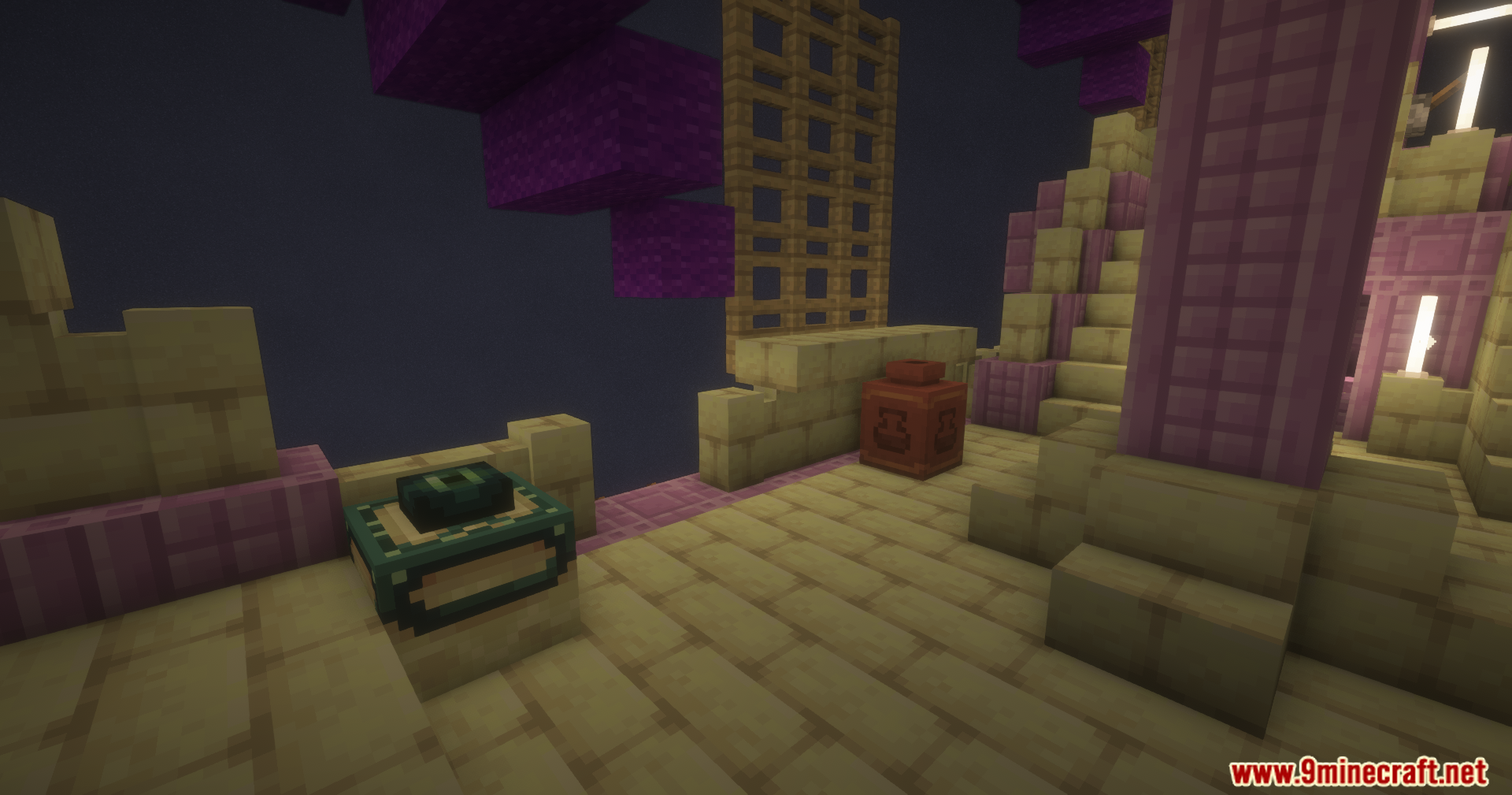 End Villager Trader Mod Screenshot 9 A Shulkerblock Workstation and a red pot inside a purple End structure