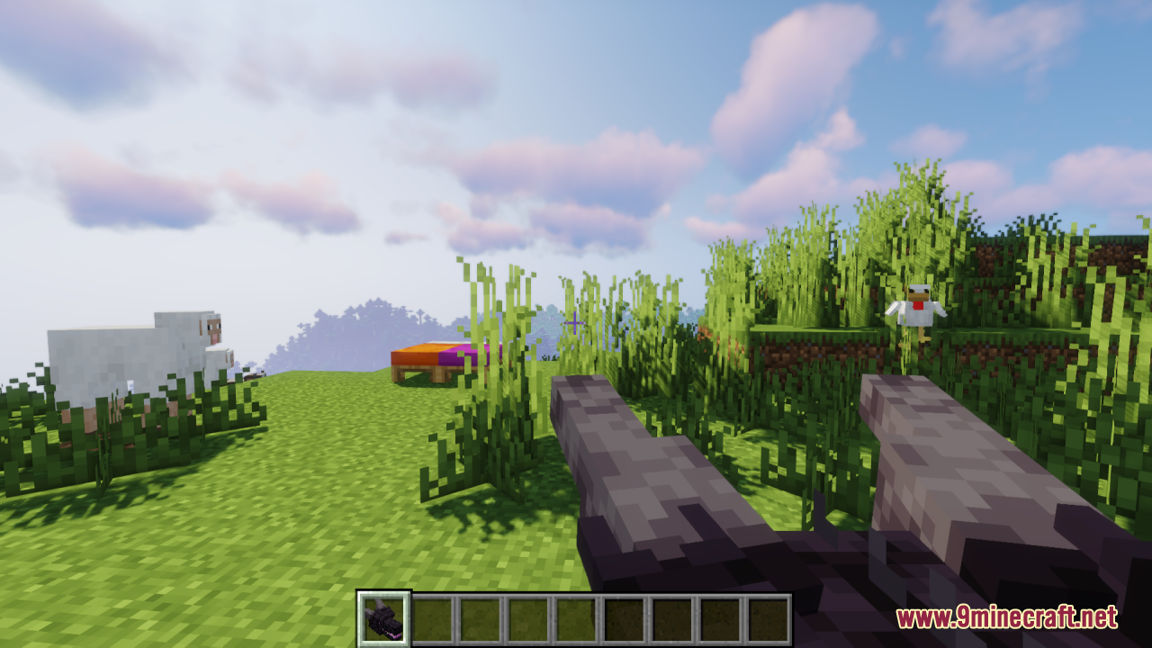 Player holding a dark dragon head item while looking at a white chicken