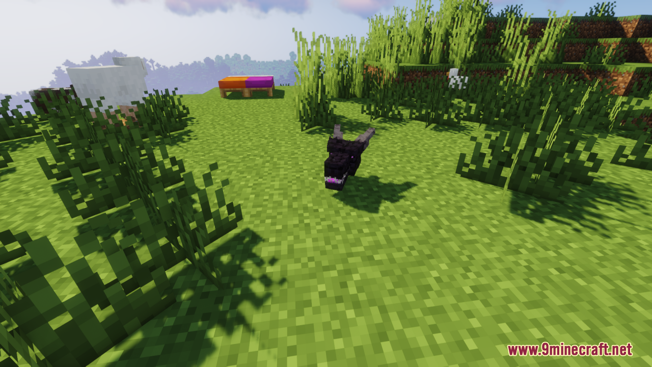 Front view of a floating Ender Dragon head on a grassy Minecraft landscape