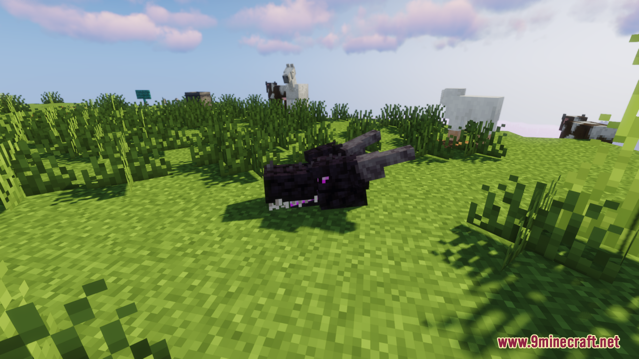 A detailed wyvern style dragon head resting on the grass in Minecraft