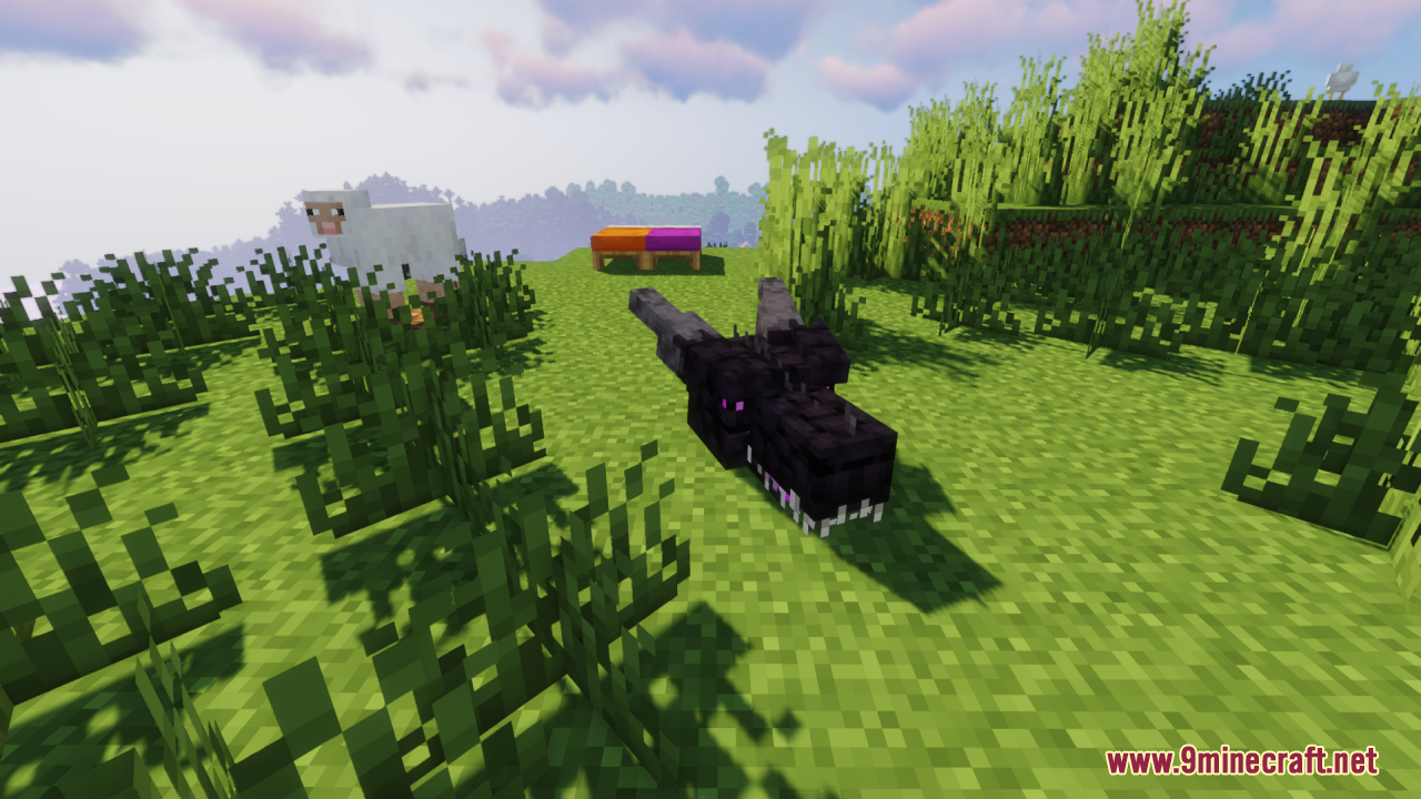 The aggressive Ender Dragon Reborn head sitting in a field with sheep
