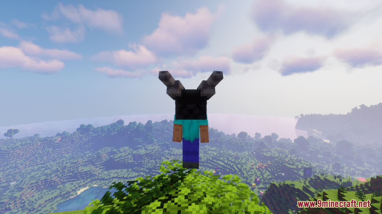 A player wearing a dragon head stands on a tree overlooking the world