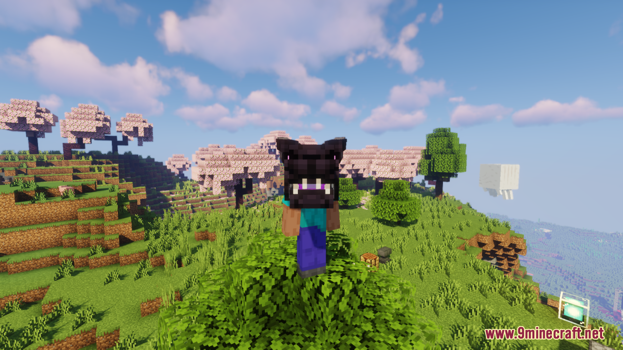 A player wearing the Ender Dragon Reborn head in a cherry blossom forest