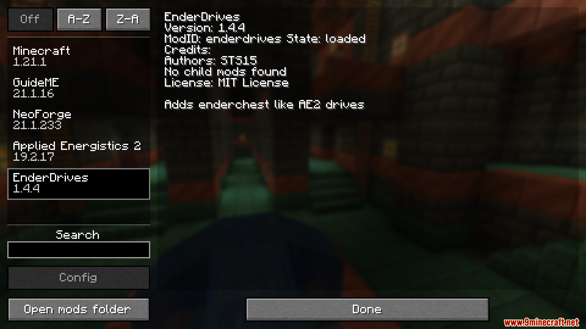 Ender Drives Mod Screenshot 1 Minecraft mod menu interface displaying EnderDrives version information and mod details