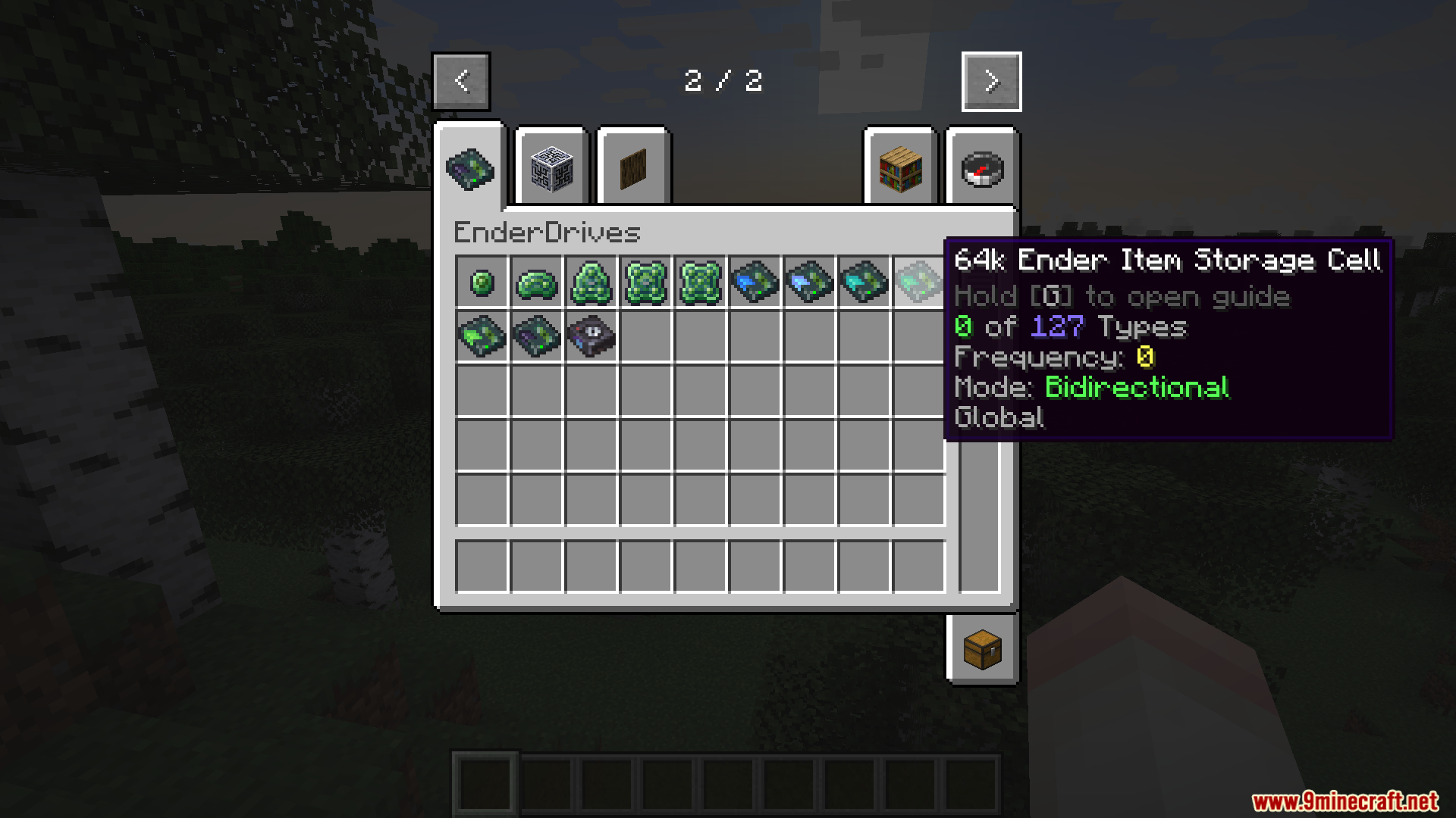 Ender Drives Mod Screenshot 2 Creative inventory showing various storage cells and a detailed item tooltip