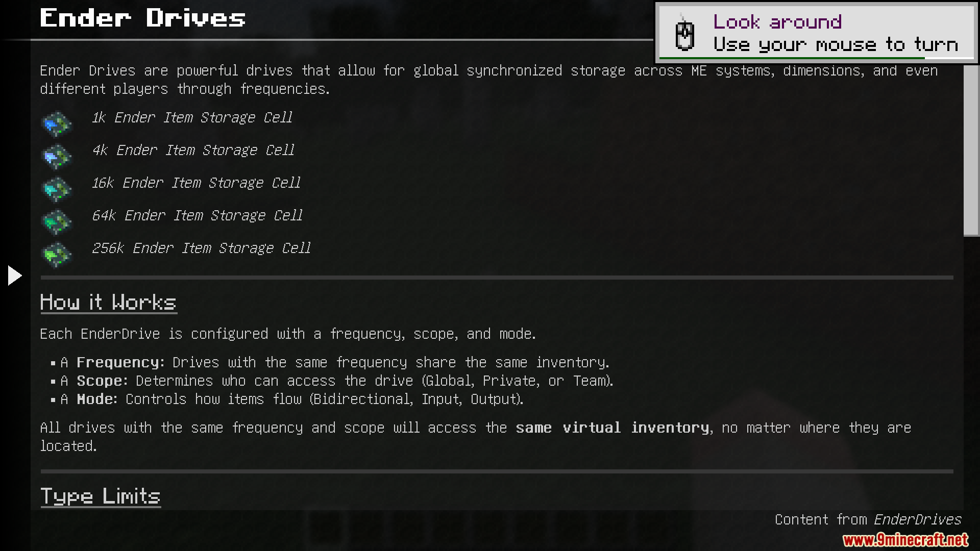 Ender Drives Mod Screenshot 3 Minecraft UI detailing Ender Drives storage cells and frequency configuration settings