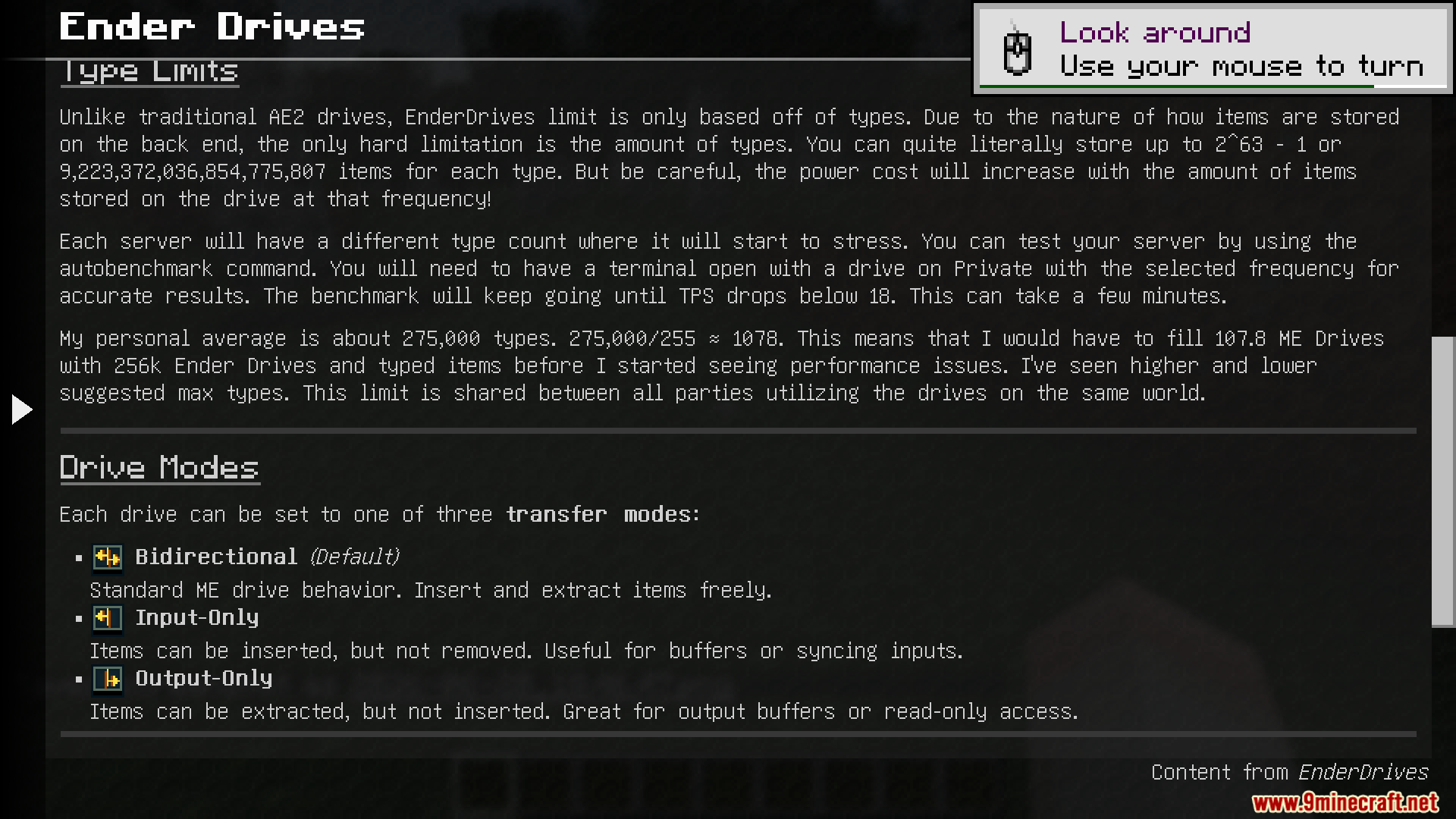 Ender Drives Mod Screenshot 4 Information screen explaining storage type limits and different drive transfer modes