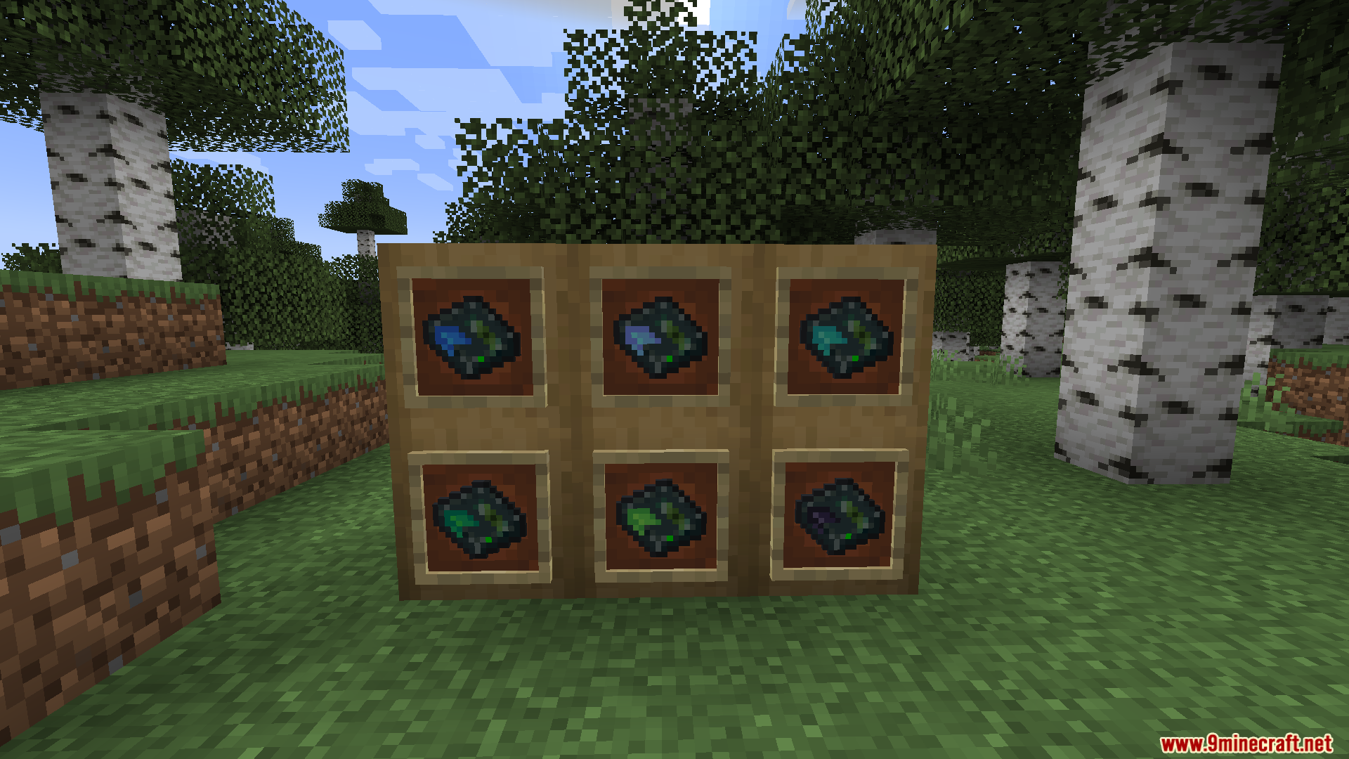 Ender Drives Mod Screenshot 7 Six storage drives with different colored lights displayed in item frames