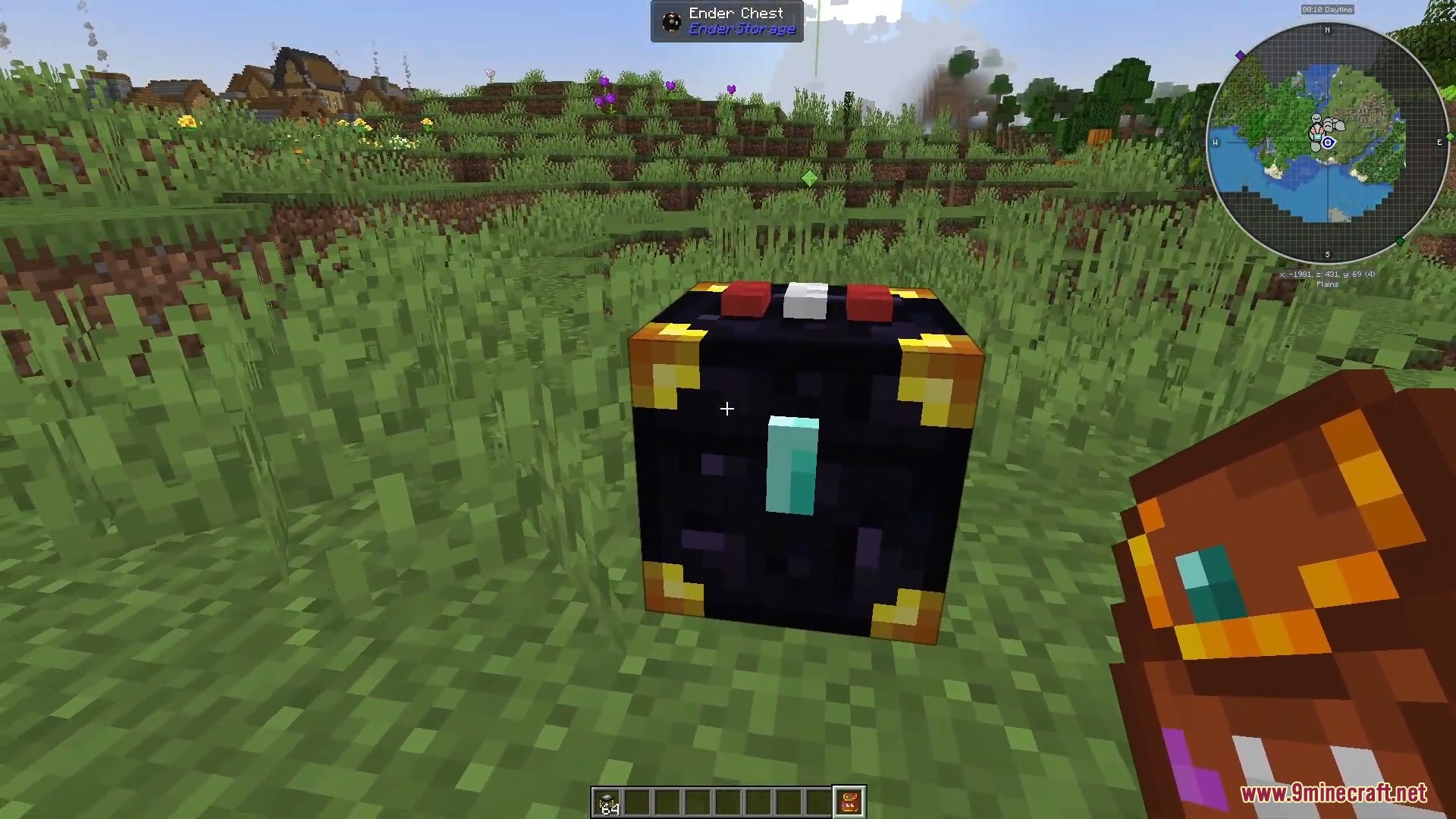 A player looks at a color coded Ender Chest from the Ender Storage mod