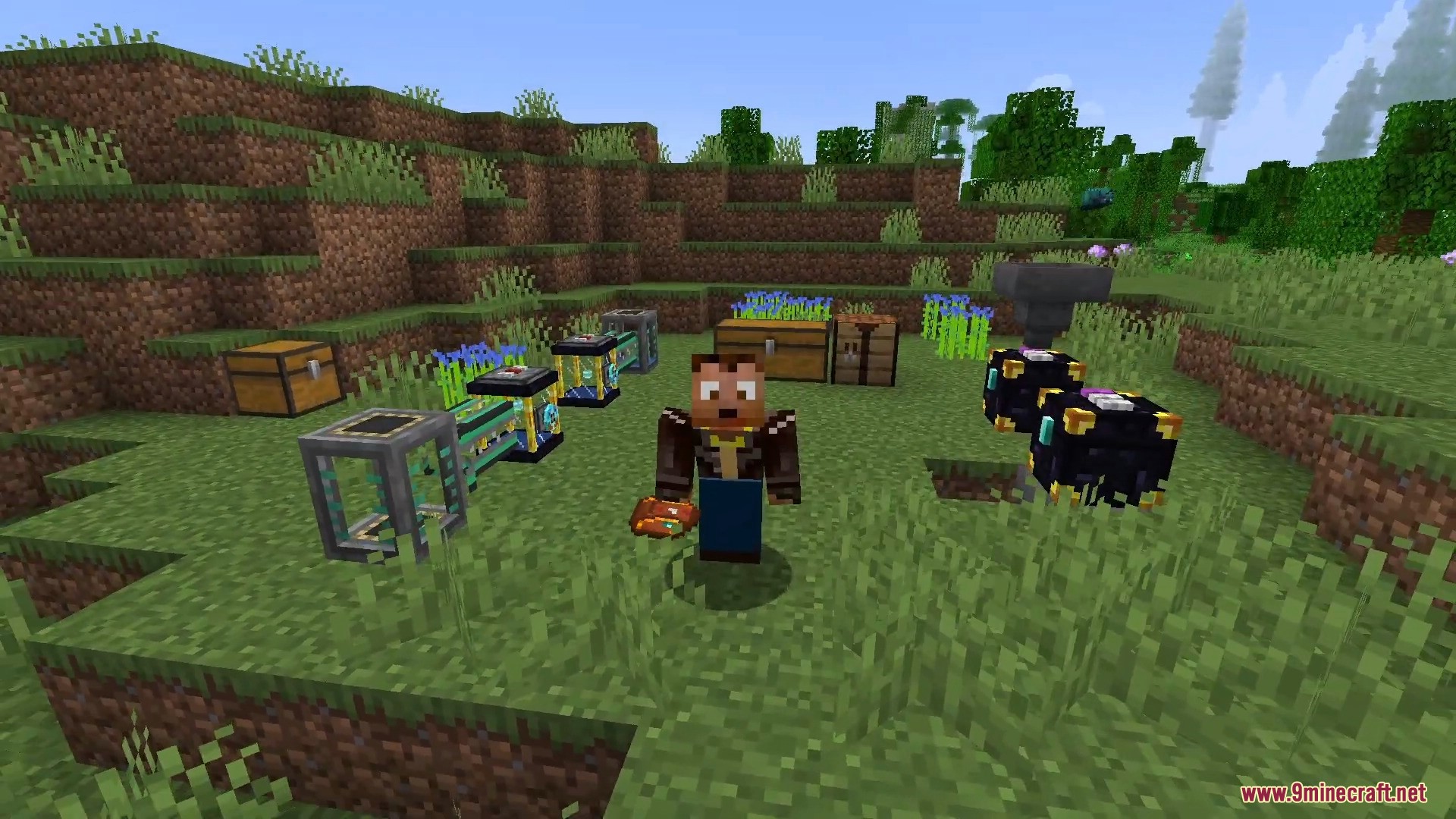 Player character standing with Ender Tanks and Ender Chests in a grassy field