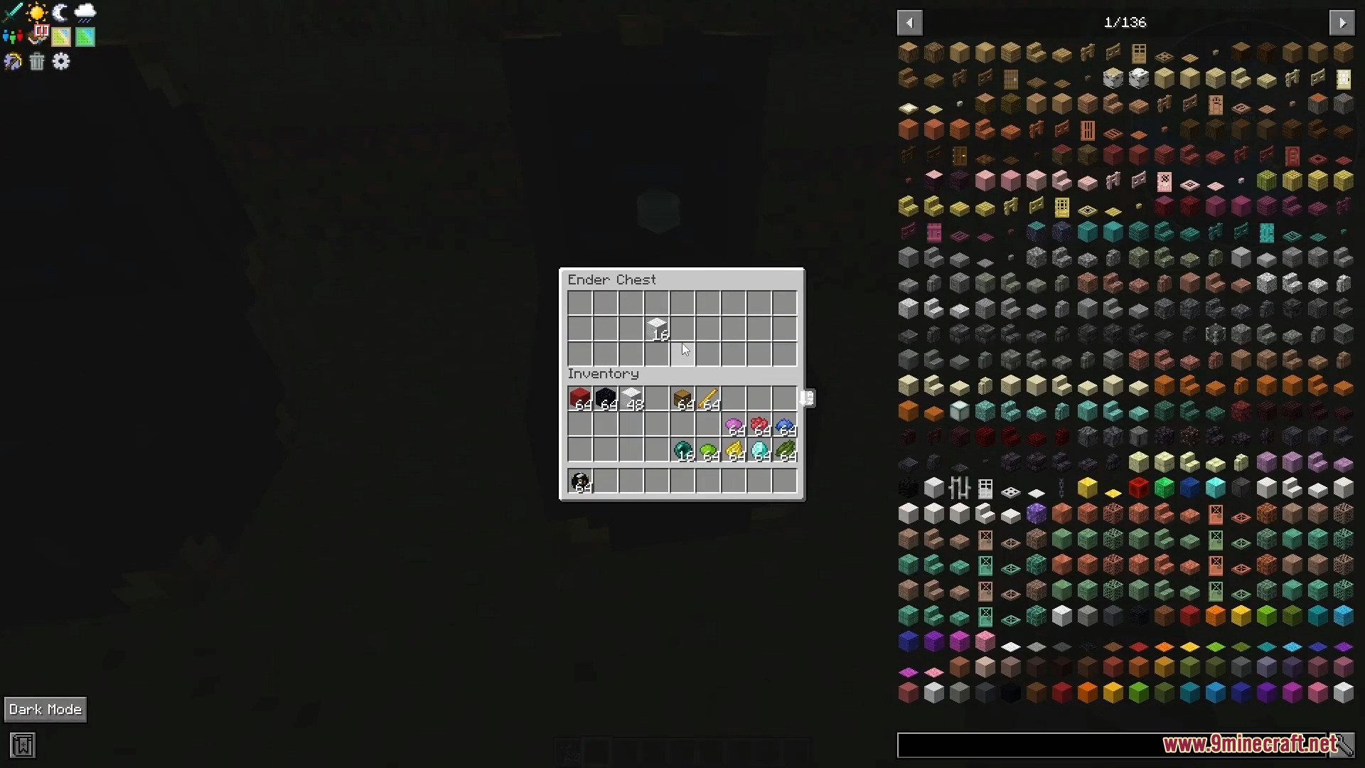 Player viewing the inventory of an Ender Chest with various items inside