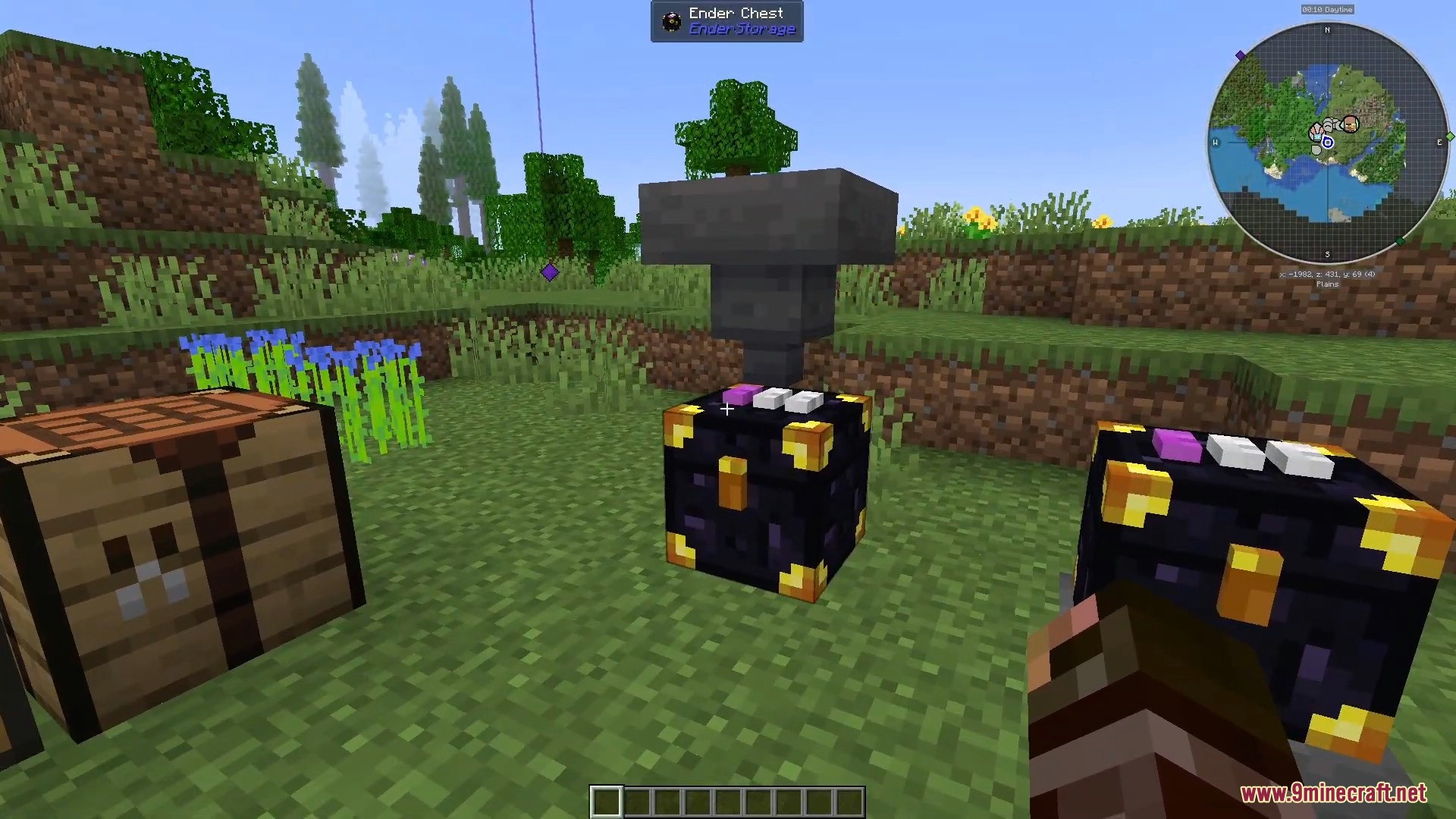 A hopper is placed on top of a color coded Ender Chest