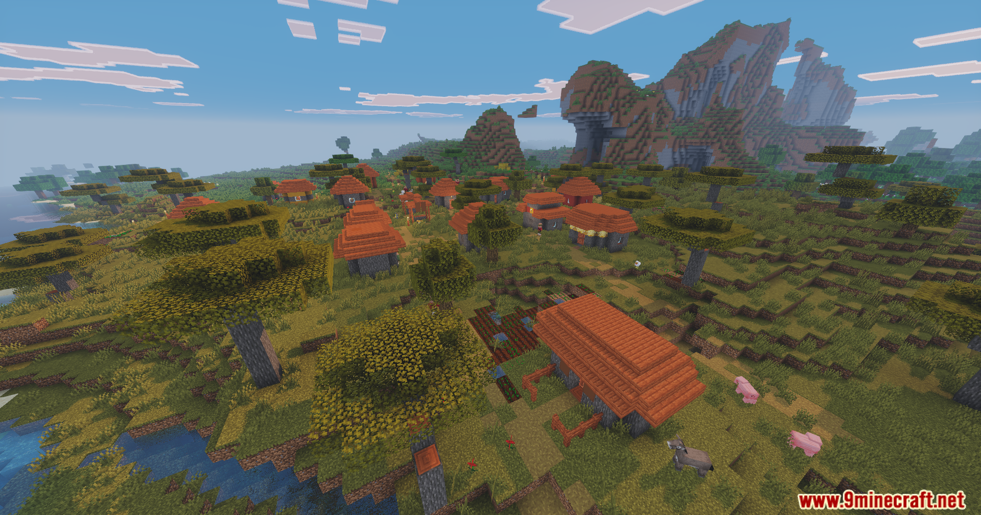 A peaceful savanna village with acacia houses and animals under a bright sky