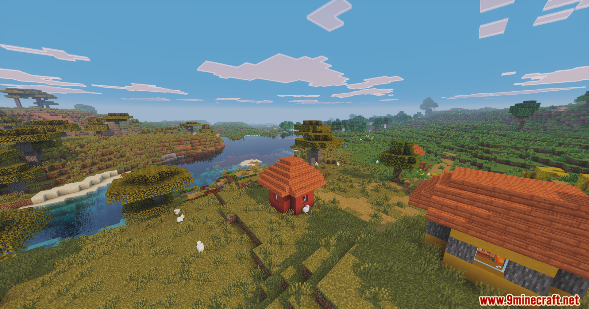 Enhanced Vibrance Edition Shaders showcasing a colorful savanna village by the water