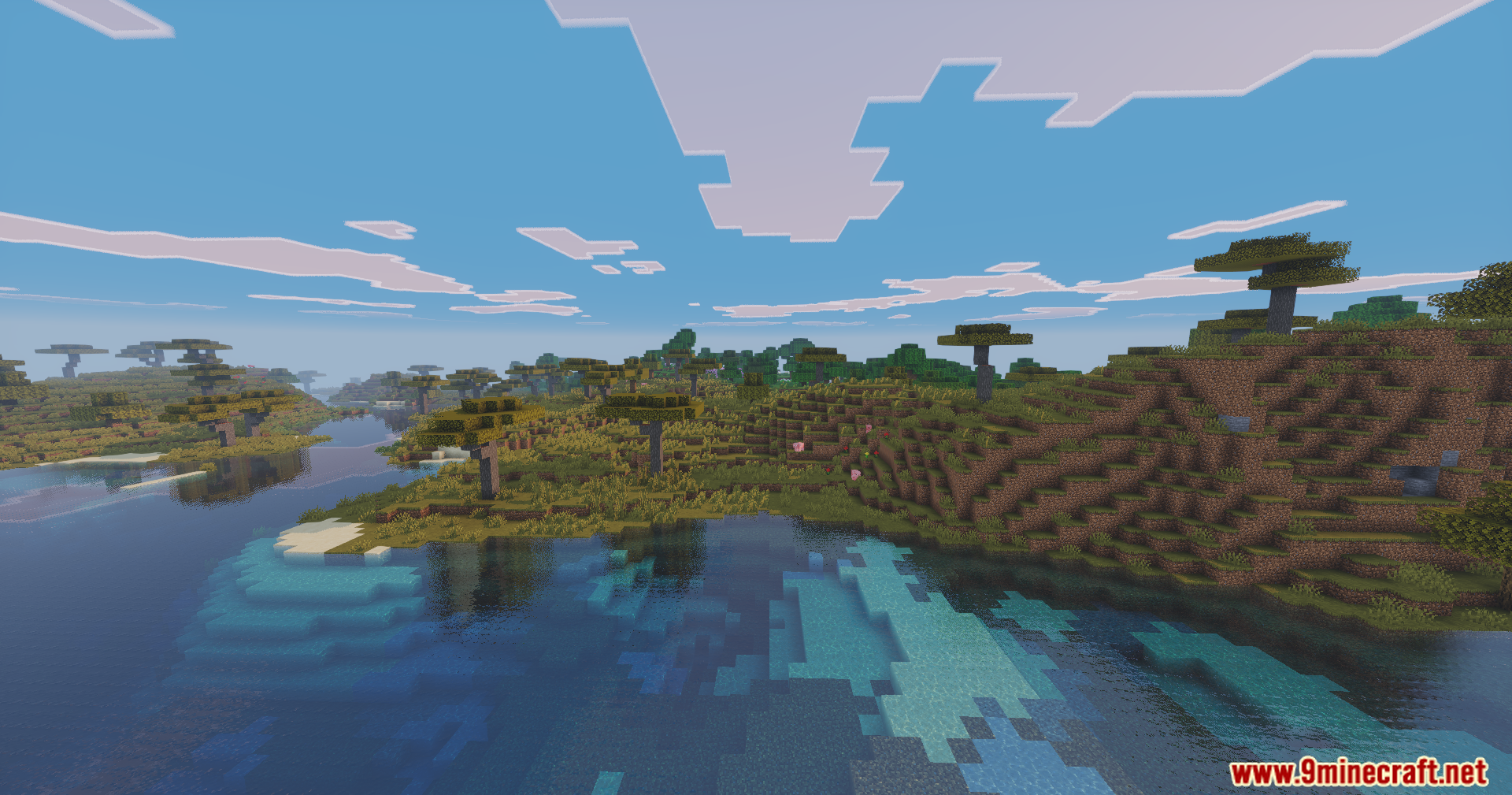 Savanna biome with acacia trees and realistic water reflections under a bright sky