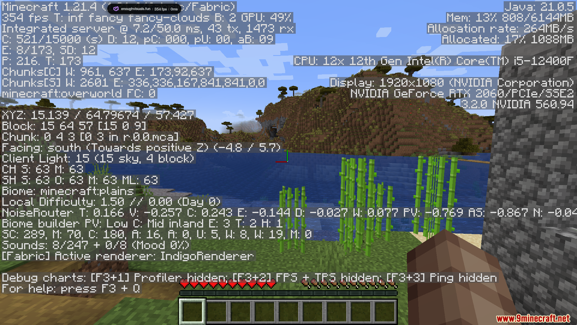 Enough Visuals Mod Screenshot 2 Minecraft debug screen showing high performance statistics and coordinates over a lake
