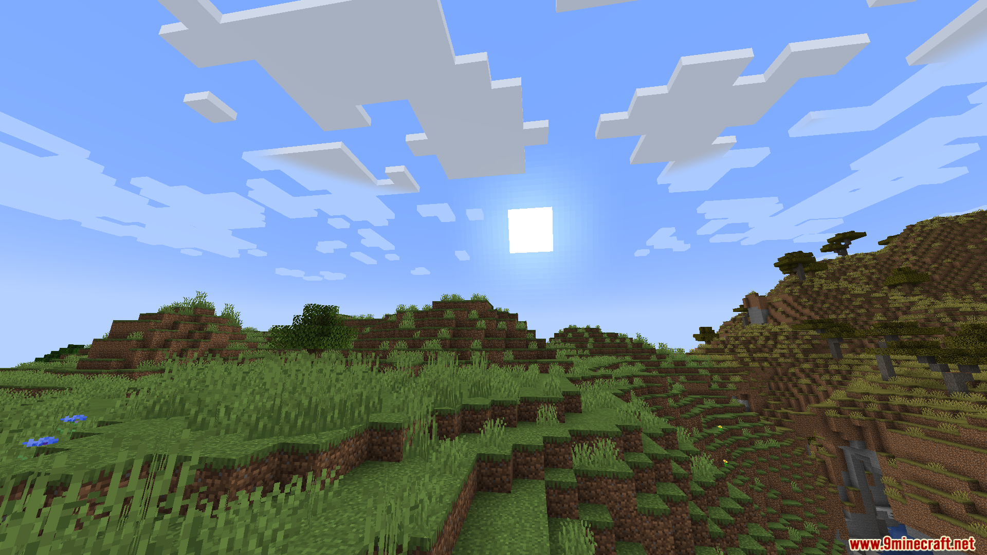 Enough Visuals Mod Screenshot 8 Vibrant green hills and savanna landscapes under a clear blue Minecraft sky