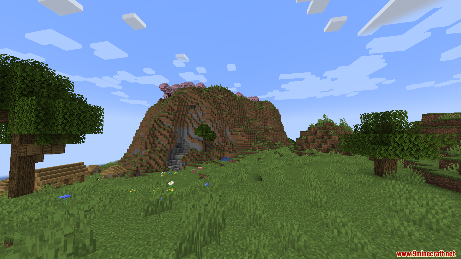 Enough Visuals Mod Screenshot 9 A large hill with cherry blossom trees overlooking a grassy Minecraft field
