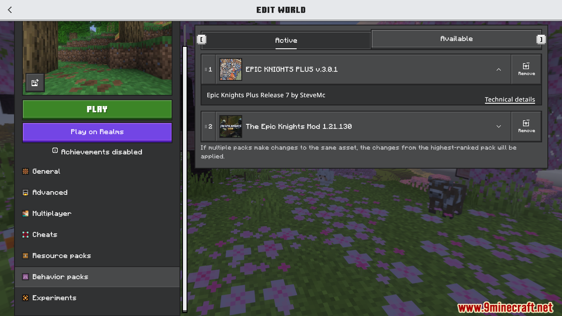 Epic Knights Plus Addon Screenshot 1 Minecraft menu screen showing active behavior packs for Epic Knights Plus